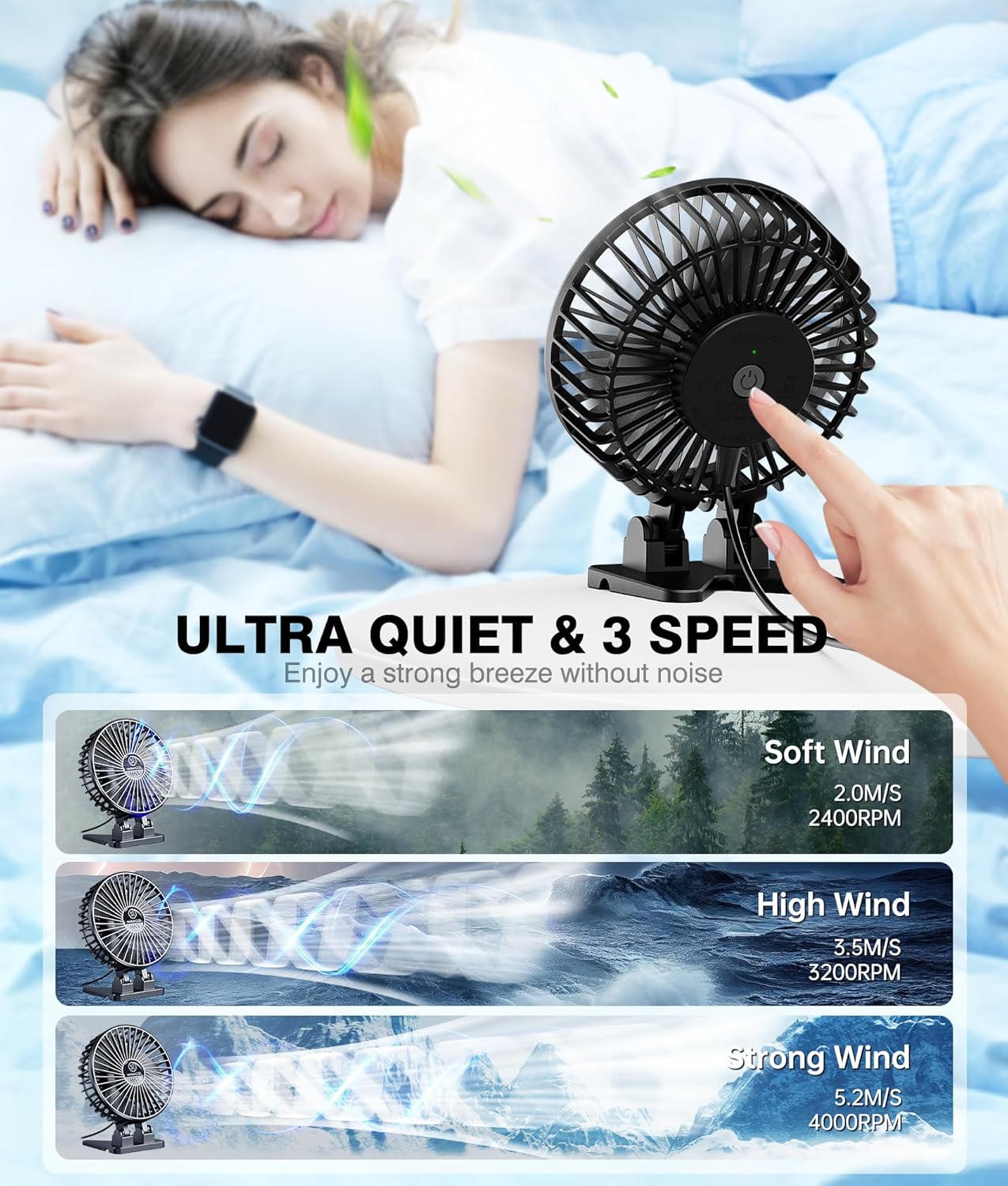 JZCreater USB Desk Fan, Mini Portable, 3 Speeds - Quiet Personal Cooling Fan for Home Desktop Office Travel Bedroom, Deep Black (2Pack)