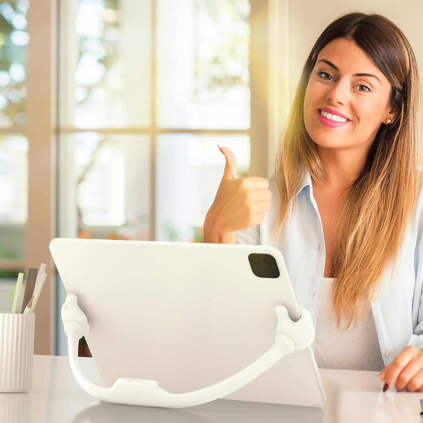 Honsky Thumbs Up Tablet Stand,Portable Monitor Stand Holder for Desktop,Tablet Display Stands Holder for Desk Universal Cute,White