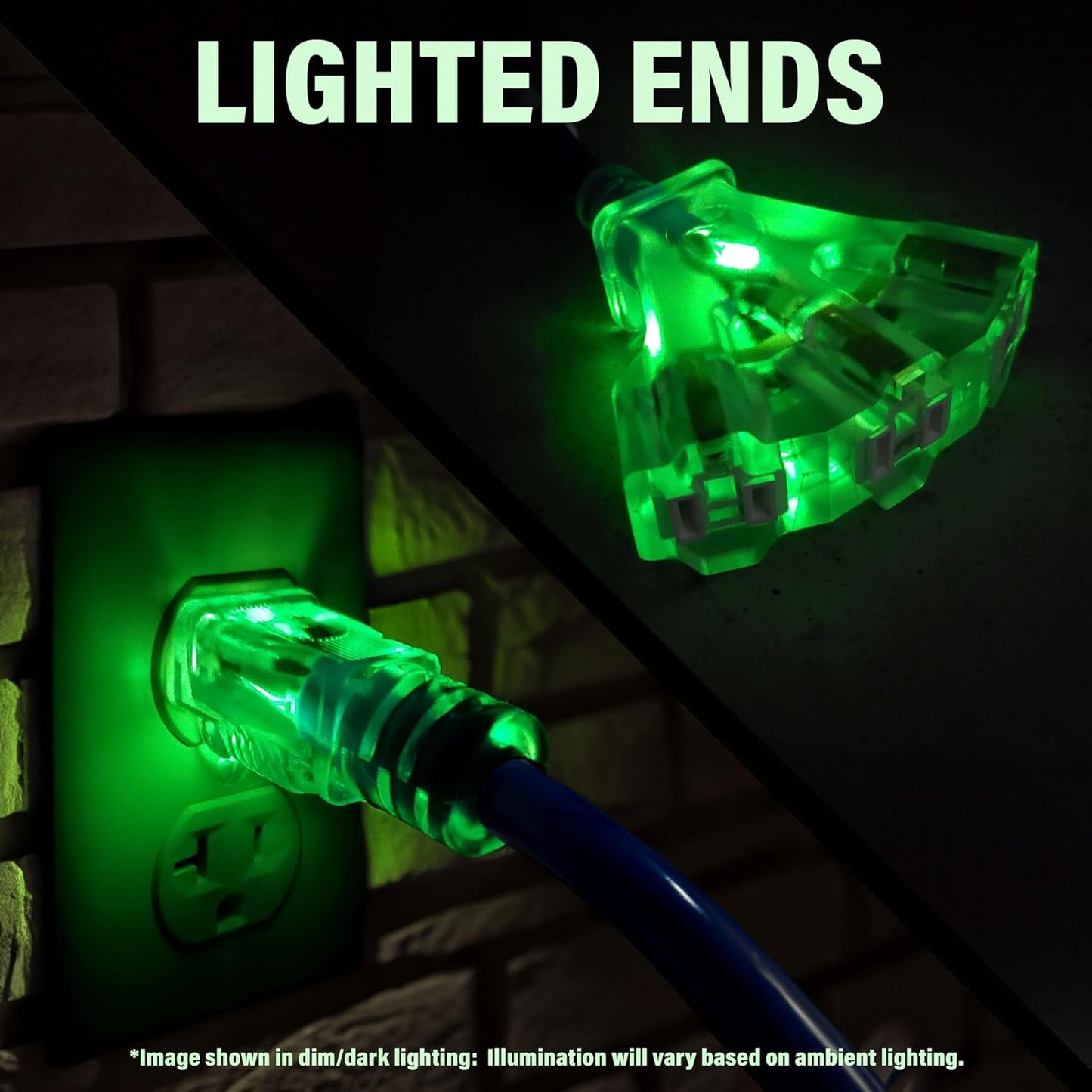 15 ft - 12 Gauge Heavy Duty Extension Cord - Lighted on Both Ends - SJTW Blue - Outdoor Extension_Cord Waterproof 15 ft by Premier Wire - 15 Amp ExtensionCord (15 Foot 12-Awg Power Cord Blue)