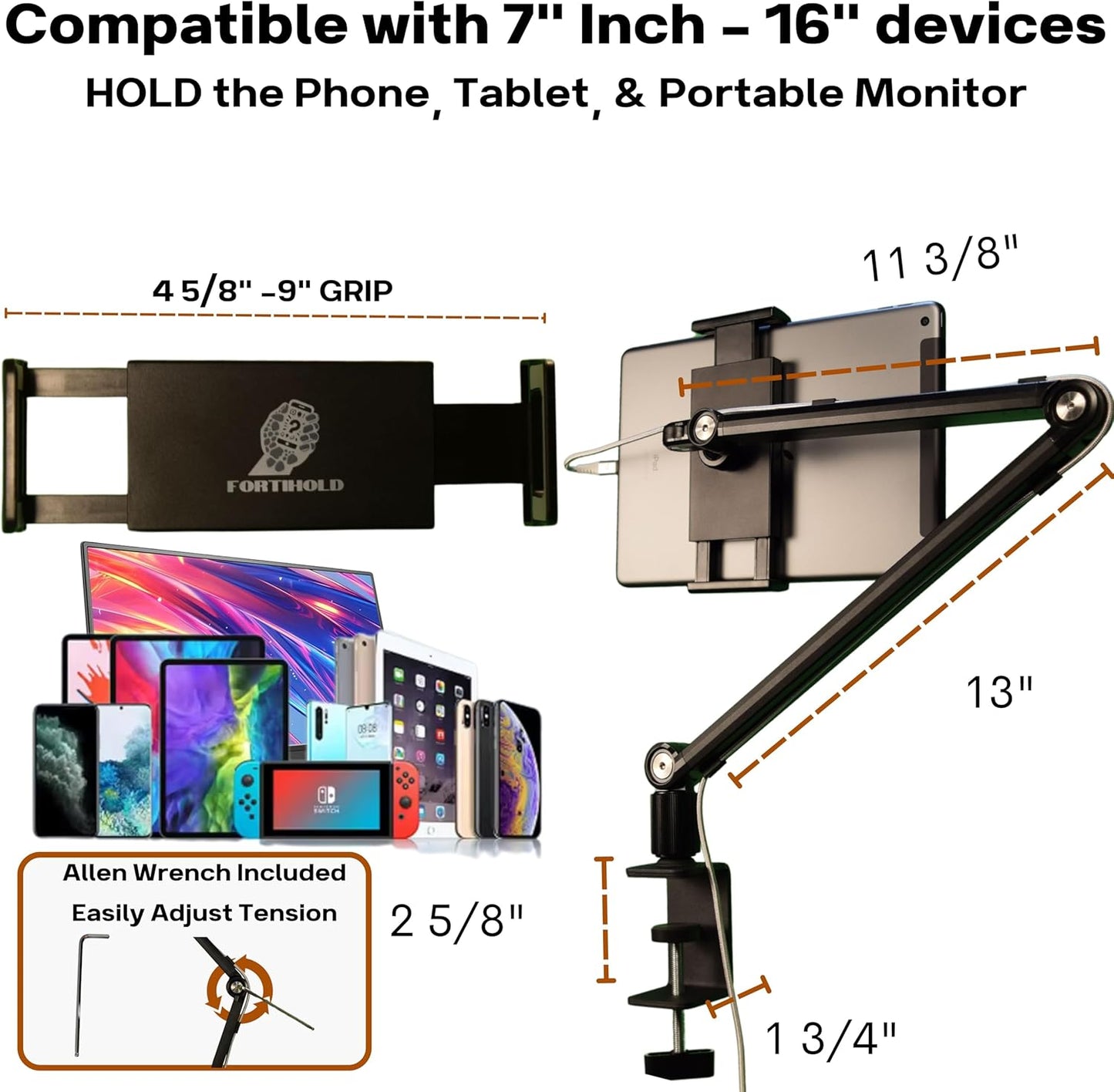 Portable Monitor Stand 16 Inch - Heavy Duty Aluminum Adjustable Monitor Mount with Articulating Arm, 360° Rotation, Cable Management - Professional Desk Setup for Tablets, Phones 4.7-16"