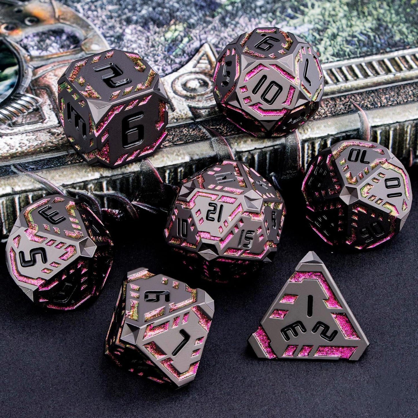 Metal DND Sci-fi Dice Set 7PCS Stripe Polyhedral Dice for Dungeons Dragons RPG Role Playing Game, Glitter D and D Dice with Gift Box D6 D8 D10 D12 D20 (Black&Purple Red)