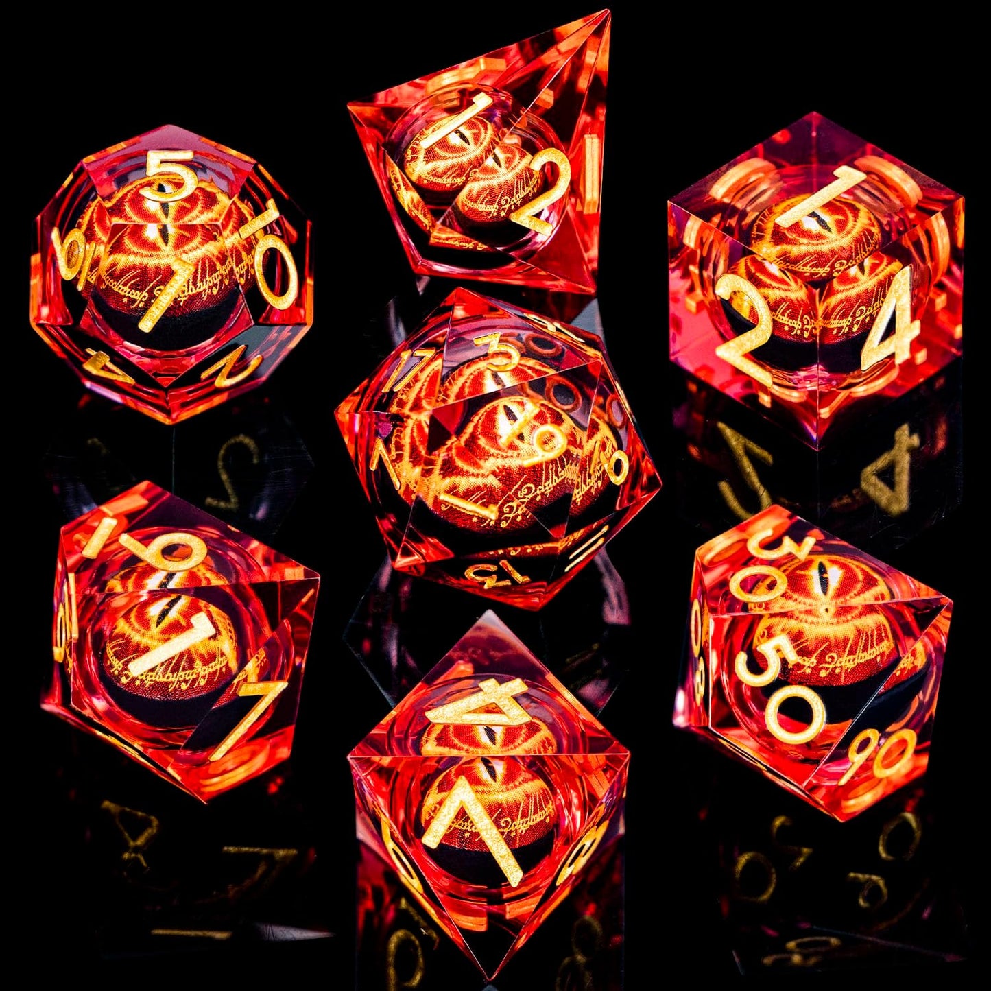 ARUOHHA DND Resin Dice Gazes Eye Dice Liquid Core Flaming RPG Sharp Edged Dice Set with Gift Box, Polyhedral D and D Dice Set Compatible with Dungeons Dragons Role Playing Game D20 D12 D10 D8 D6
