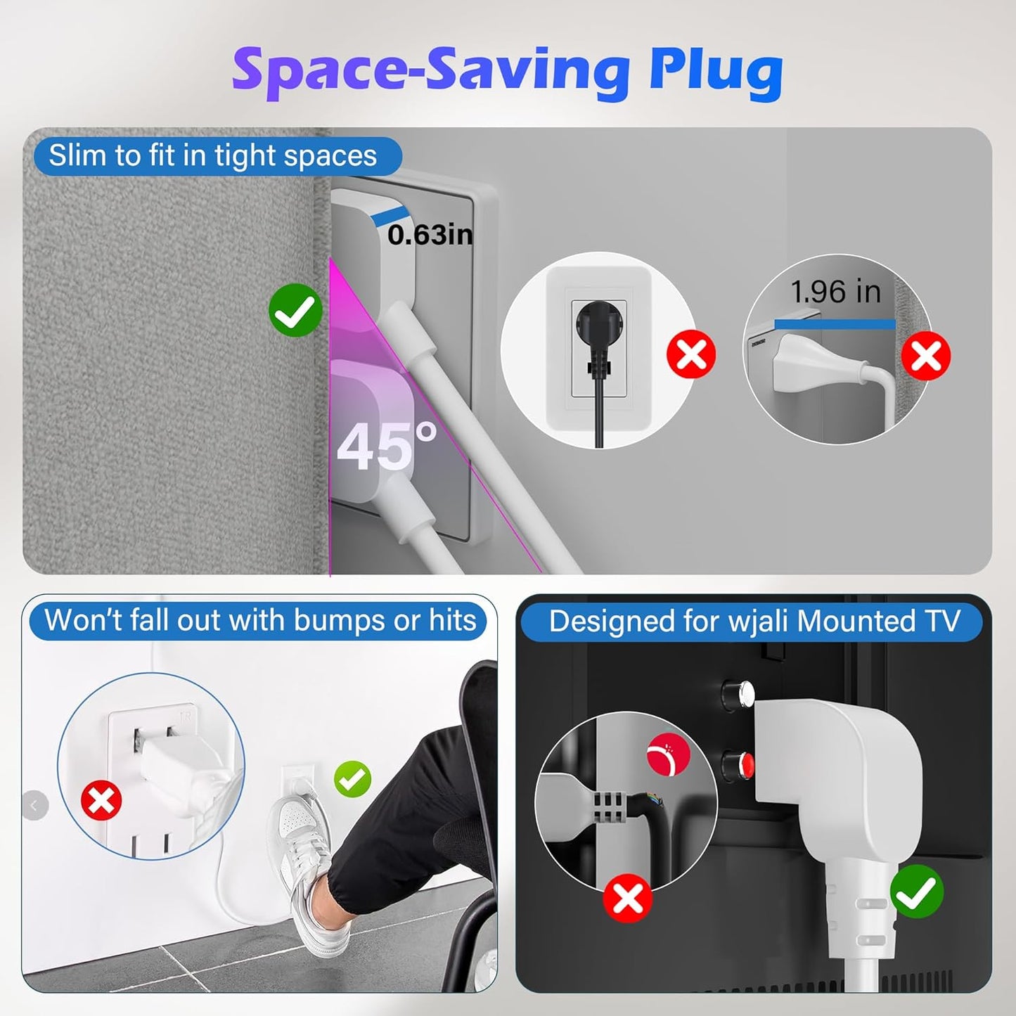Adoreen 20 Ft Computer TV Replacement Power Cord White, Low Profile Flat Plug to 90 Degree Angled L-Shaped 18AWG 3-Prong AC Universal Power Supply Cable for Printer, PC, Monitor TV LCD, ETL+Ties