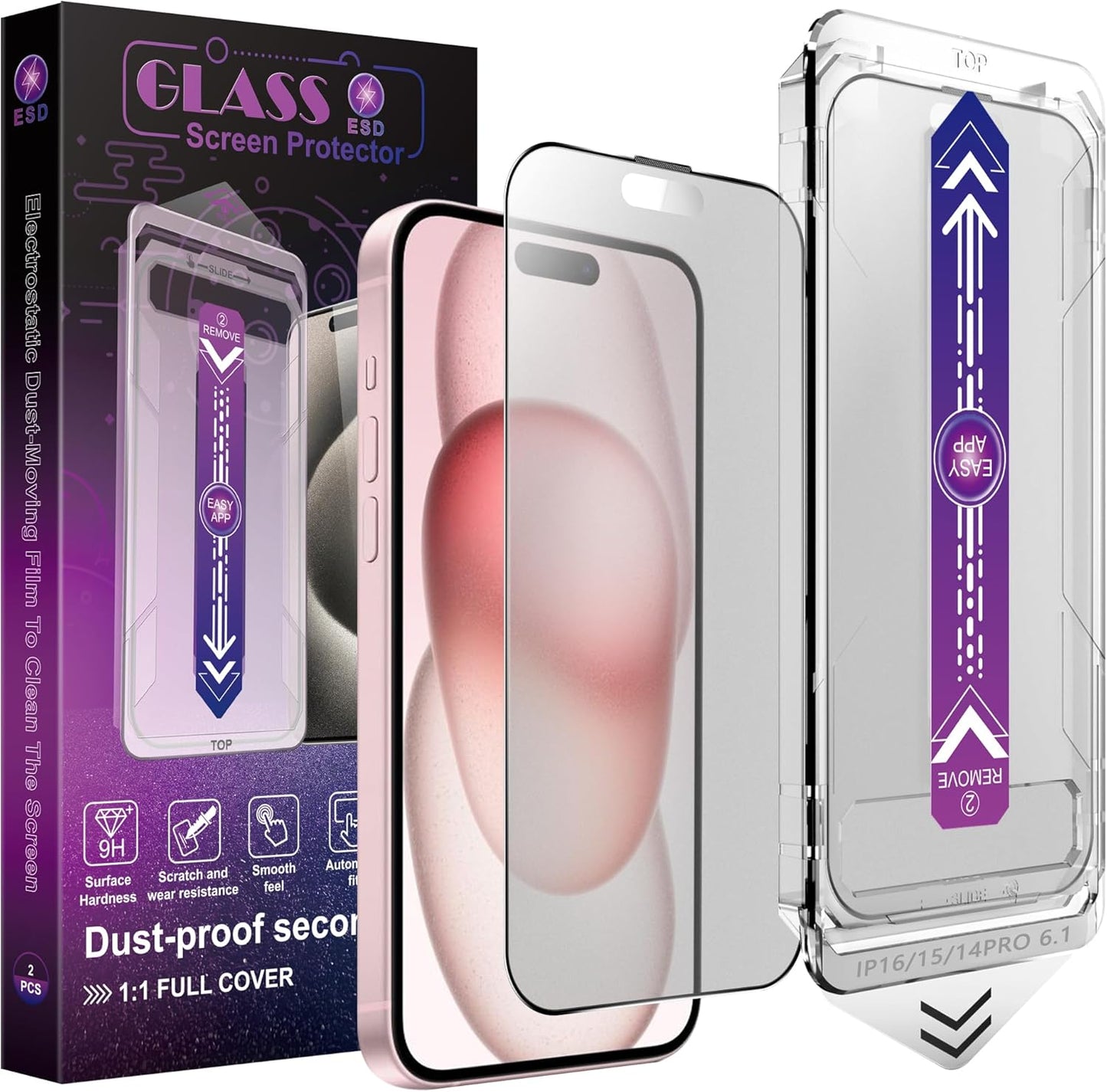 2 Pack Matte Screen Protector for iPhone 14 Pro/iPhone 15 / iPhone 16,9H Tempered Glass,Full Coverage,Anti-Fingerprint,Auto Dust-Elimination,No Bubble,Easy Installation