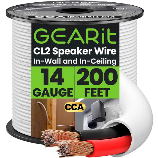 GEARit 14 Gauge Speaker Wire (200 Feet), Black Speaker Cable for Indoor Home Theater or Car Audio, CL2 Rated in-Wall Fire Safety Wire, 2 Conductors, CCA
