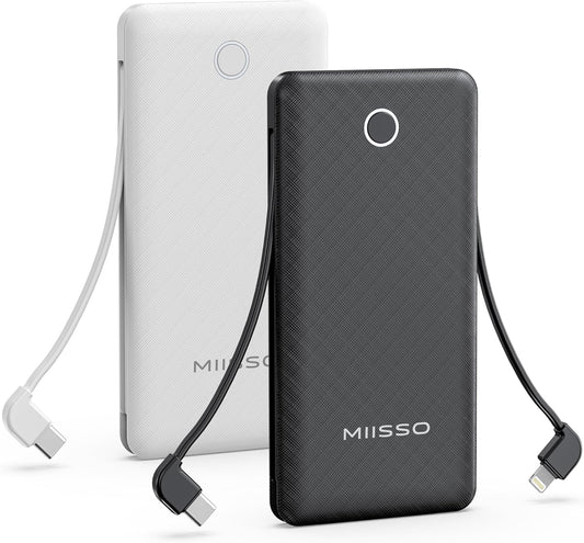 10000mAh Slim Portable Charger with Built in Cable, Power Bank Travel Charger External Battery Pack for Phone, 4 Output USB Type C Cord Clutch Charger Compatible with iPhone, 2 Pack Black & White