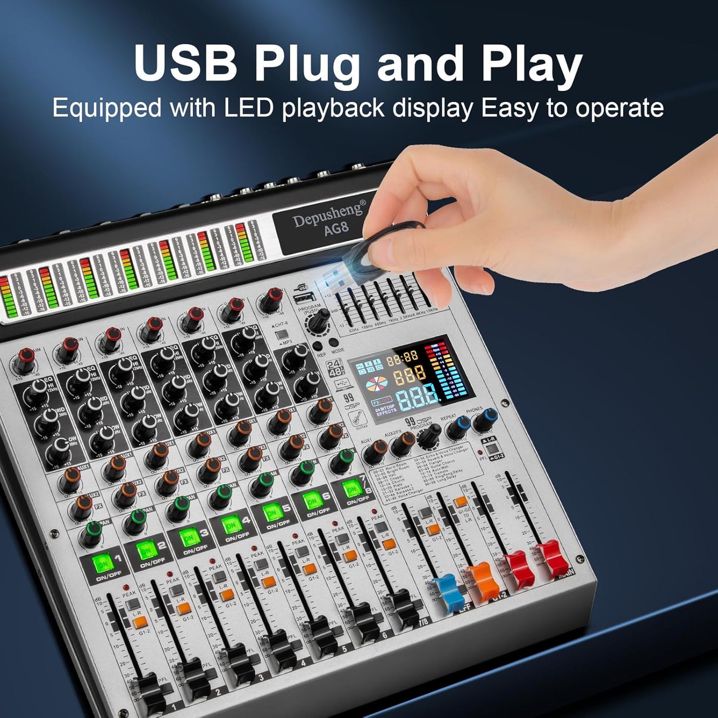 Depusheng AG8 Professional audio mixer 8 Channel with MP3 Player Source USB recording,With grouping and 2 AUX interfaces, 99DSP EFFECTfor Professional and Beginners