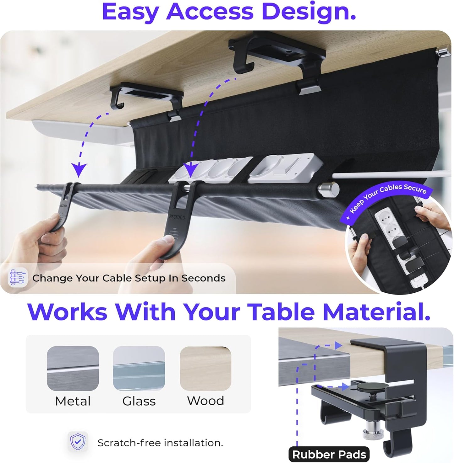 Ascrono Original No Drill Under Desk Cable Management Tray 53.9" - Premium Black Fabric Cable Management Under Desk - Clamp/Screw Mount Cord Organizer - Supports Upto 66lbs - Extra Large