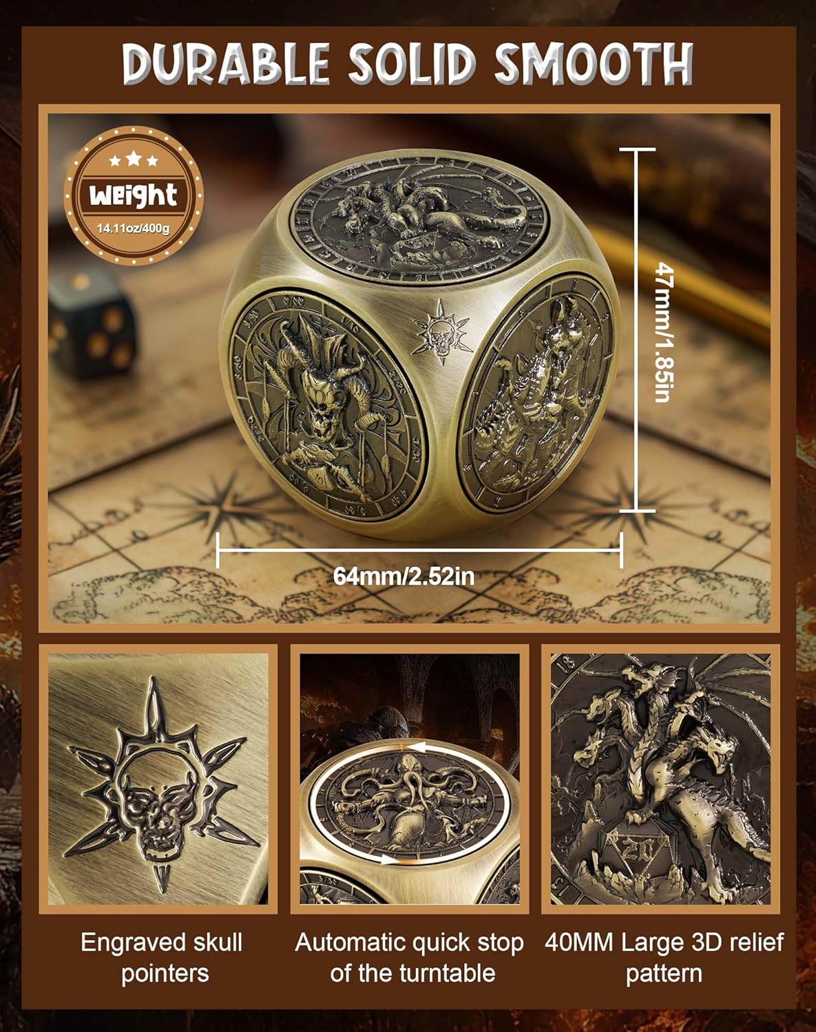 Kabinka Spinner Dice for 7 in 1 DND Dice Set, Unique Metal Dice for Dungeons and Dragons RPG Role Playing Gaming (Bronze)