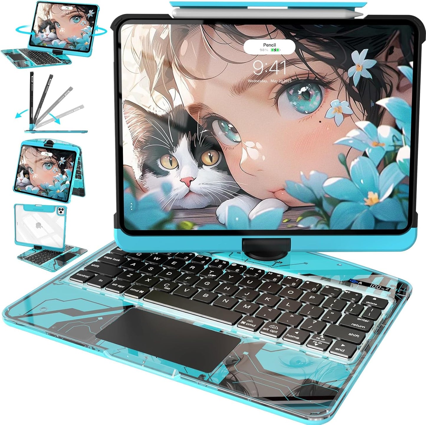 Intermerge Clear A16 11th (2025) & 10th Generation 10.9" Case with Keyboard, 360° Transparent Multi-Touch Trackpad, 7-Color RGB Keyboard, Pencil Holder, Type-C, Power Indicator, Aqua Pulse