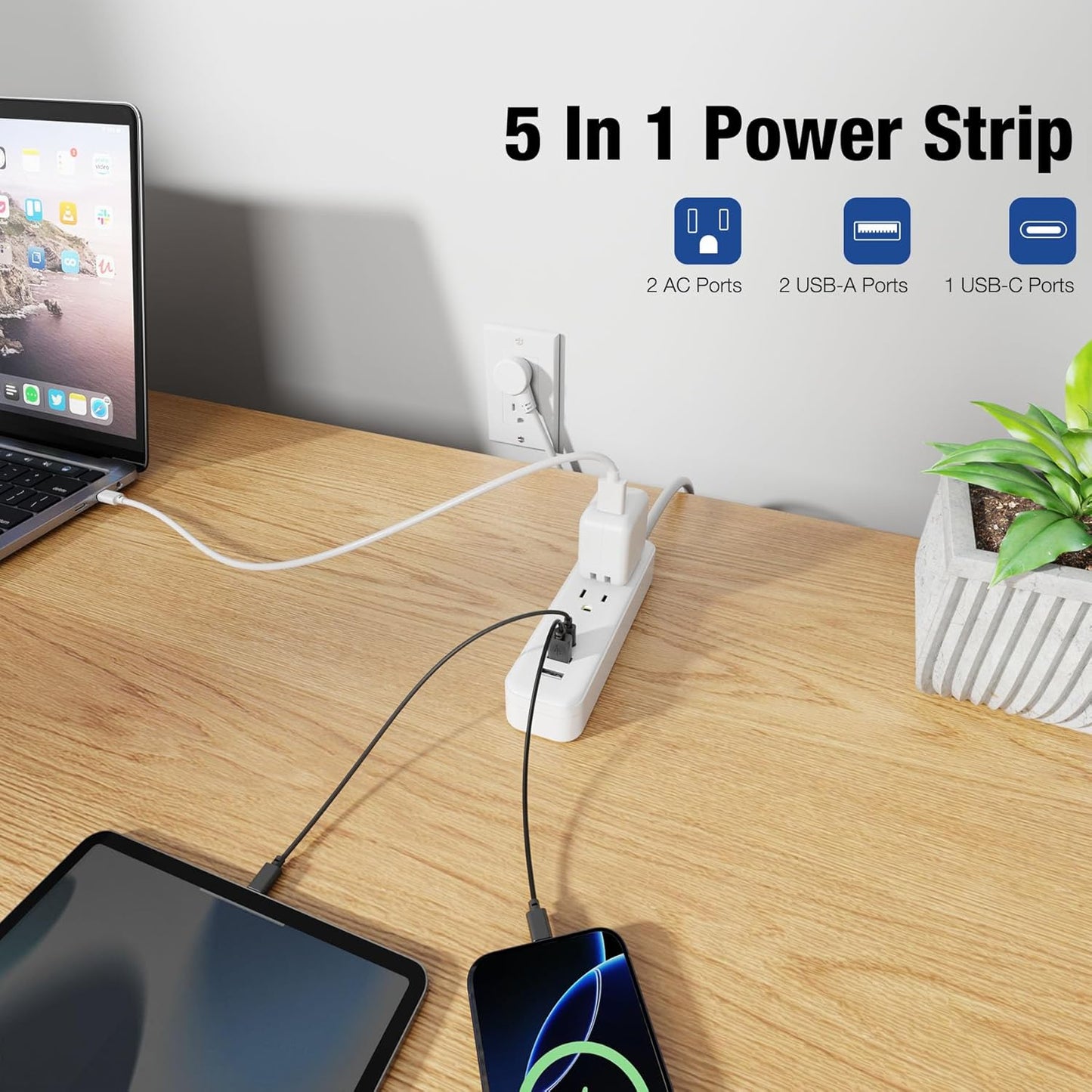 Power Strip Surge Protector - Flat Plug with 3 USB Ports 2 AC Outlets 20 Inch Extension Cord Small White Wall Mountable Outlet Extender for Travel Home Office College Dorm Room 1875W 125V 15A