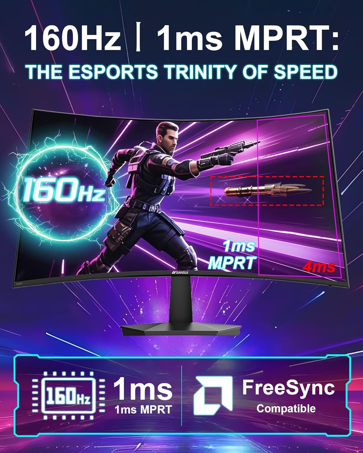 SANSUI 27 Inch Curved 160Hz Gaming Monitor, 1500R Curved Computer Gaming Monitor FHD 1080P, 4000:1, 110% sRGB, FPS/RTS, 1Ms MPRT|FreeSync|HDR|Low Blue Light|HDMI DP| VESA Support, HDMI Cable Incl.