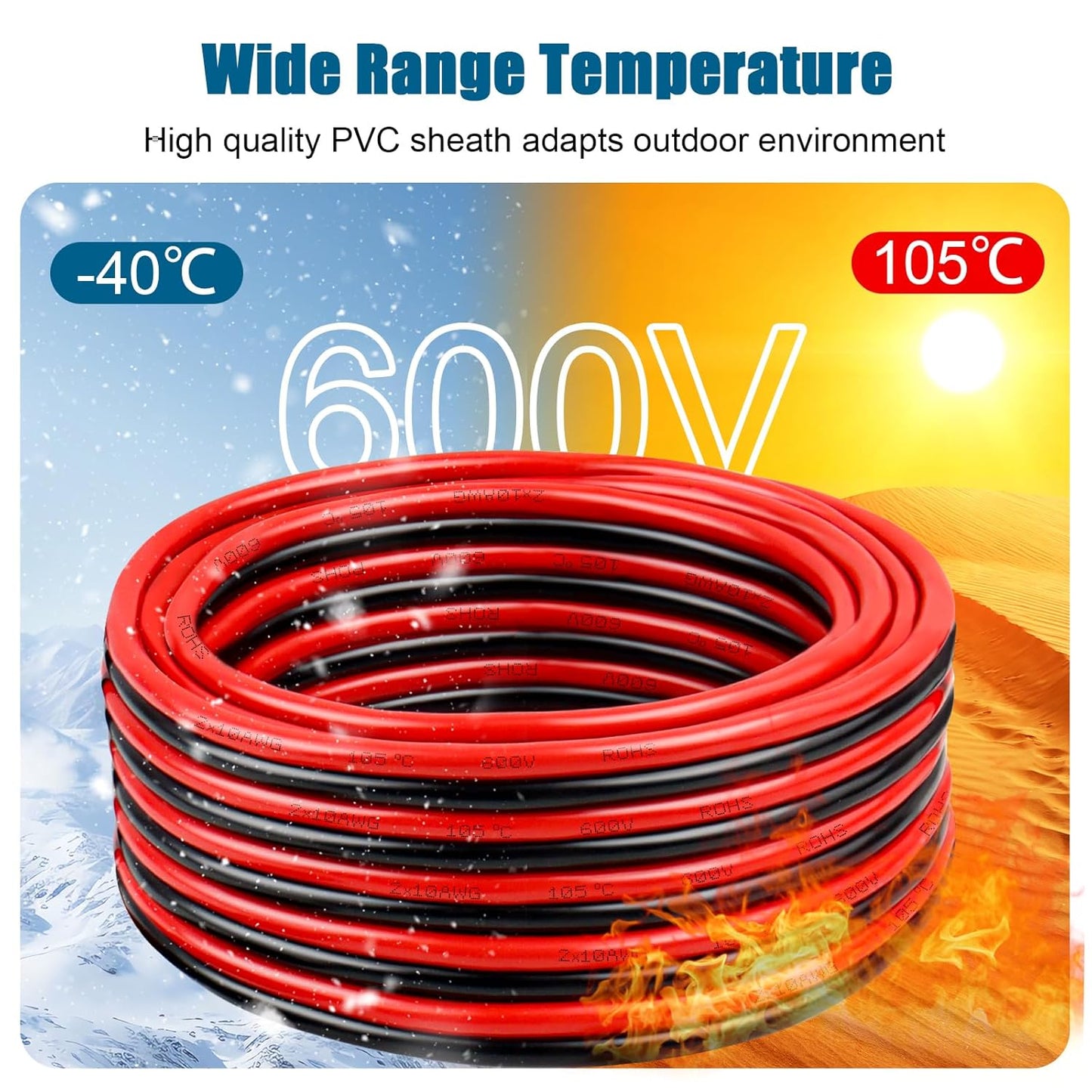 10 Gauge Wire 2 Conductors Copper Wire, 10 AWG Battery Cable Oxygen Free Copper Wire for Solar Panel, Automotive, Trailer, RV and Speaker (10 Gauge 100FT)