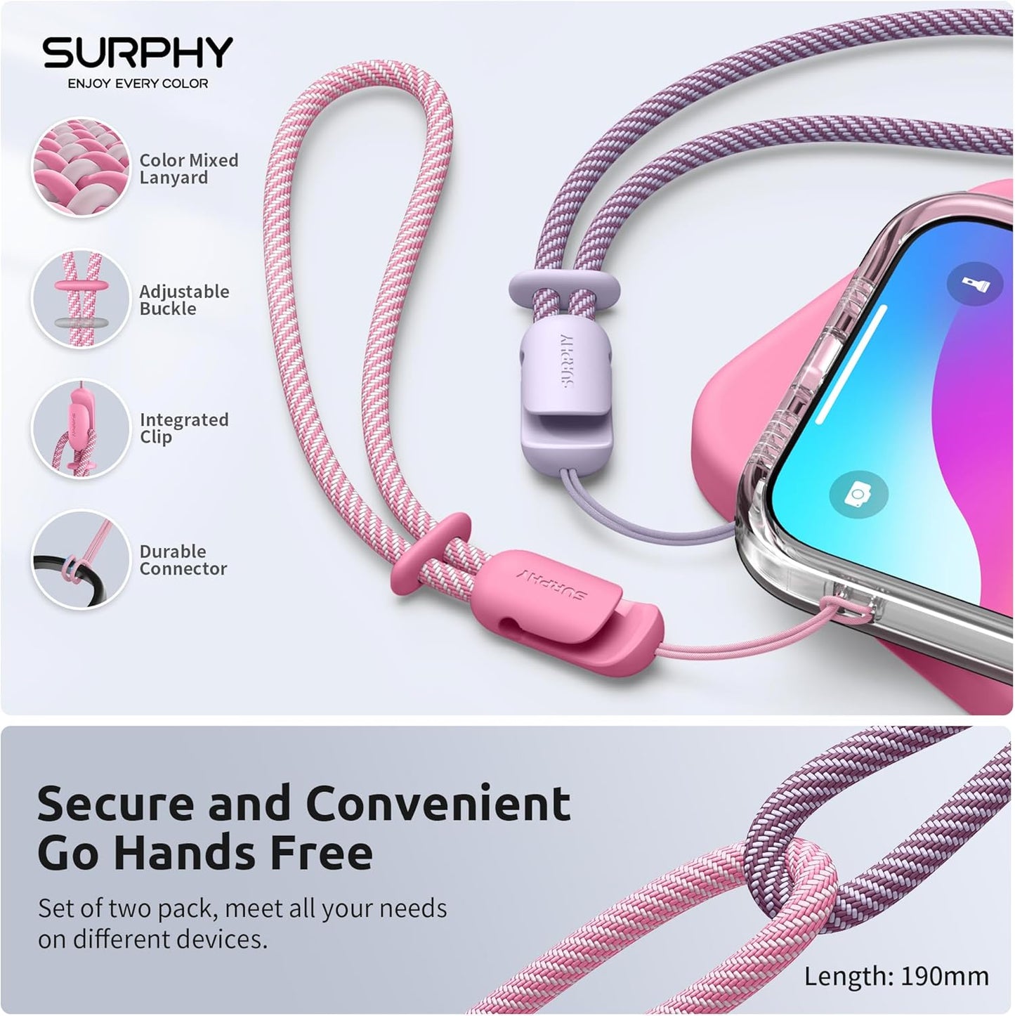SURPHY 2 Pack Phone Lanyard for Cellphone Case, Phone Wrist Strap for Case, Cellphone Strap with 2-Color Braided, Charm Wrist Lanyard for Women, Cellphone Wrist Lanyard for Women, Rose Pink & Lilac