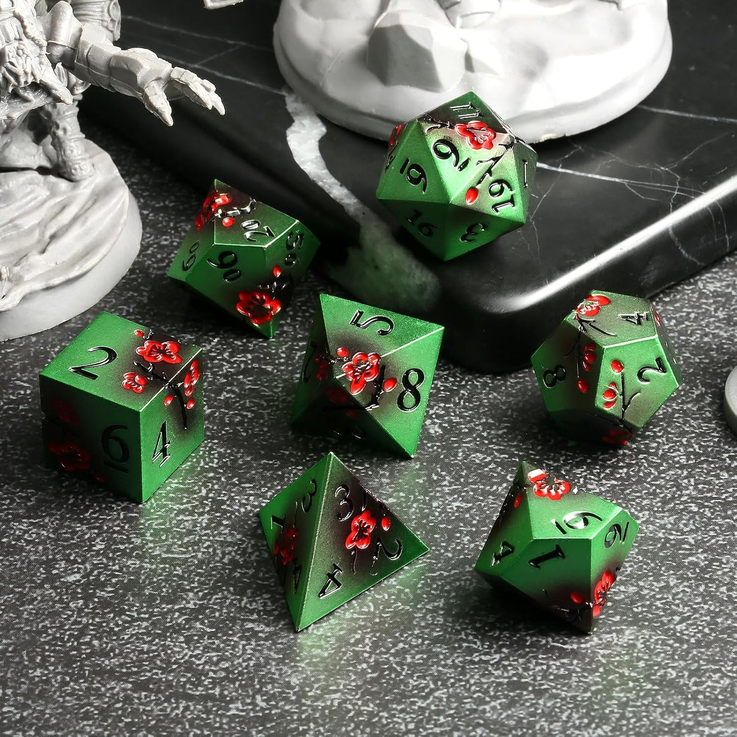 Metal Dice Set D&D, DNDND 7 PCS Metallic Flowers DND Dice with Gorgeous Gift Case for D&D Dungeons and Dragon Tabletop Game (Green and Red)