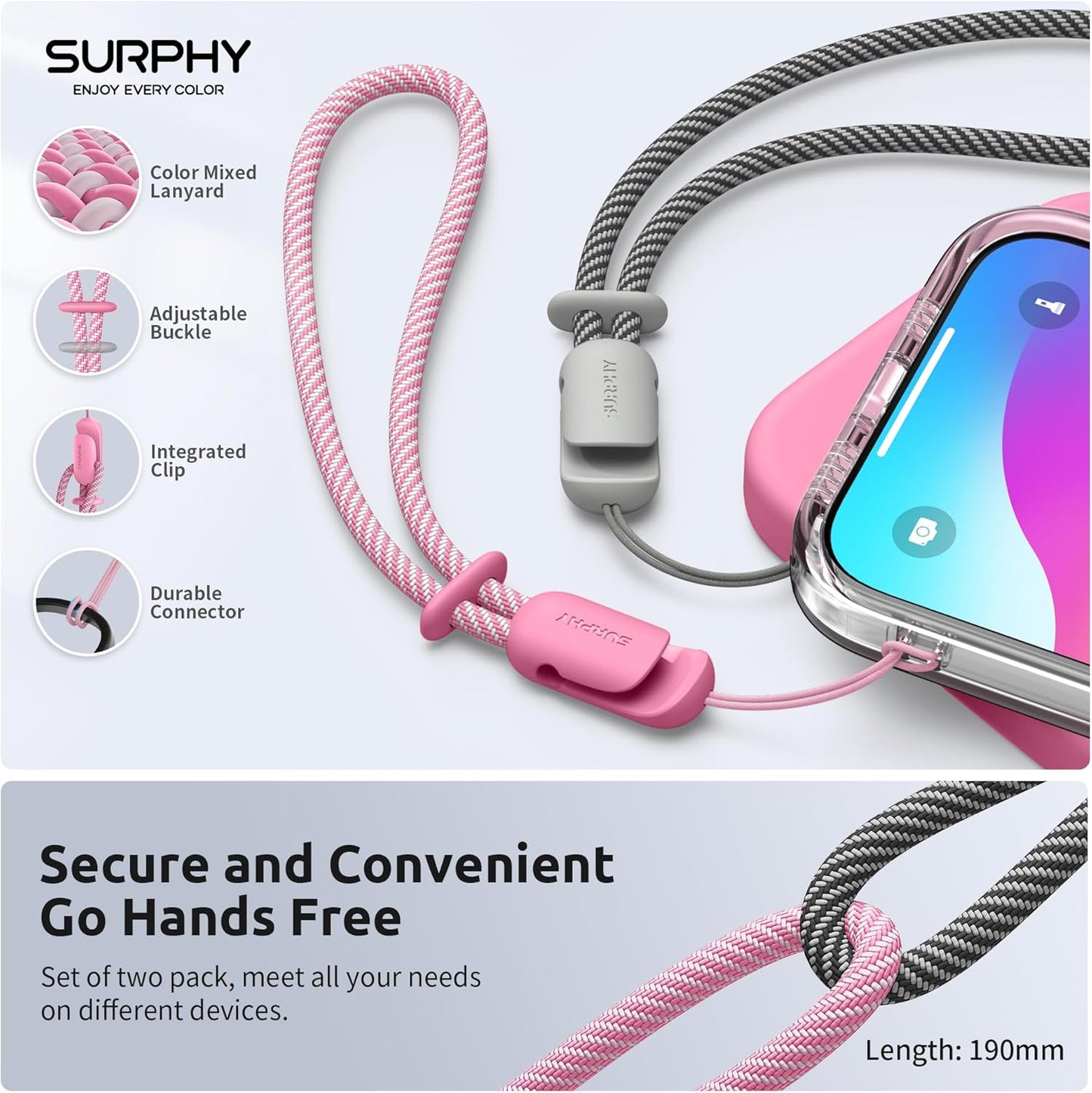 SURPHY 2 Pack Phone Lanyard for Cellphone Case, Phone Wrist Strap for Case, Cellphone Strap with 2-Color Braided, Charm Wrist Lanyard for Women and Men, Rose Pink & Gray