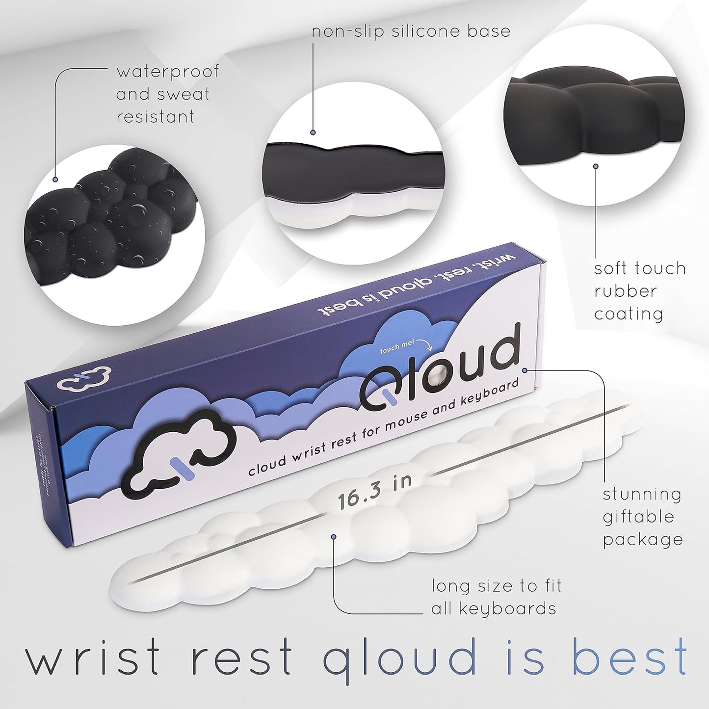 Qloud Cloud Wrist Rest Keyboard Wrist Rest for Computer Keyboard Pad, Cloud Keyboard Wrist Rest, Wrist Pad for Keyboard, Memory Foam, Non Slip Base, Comes with Mouse Pad - Light Blue