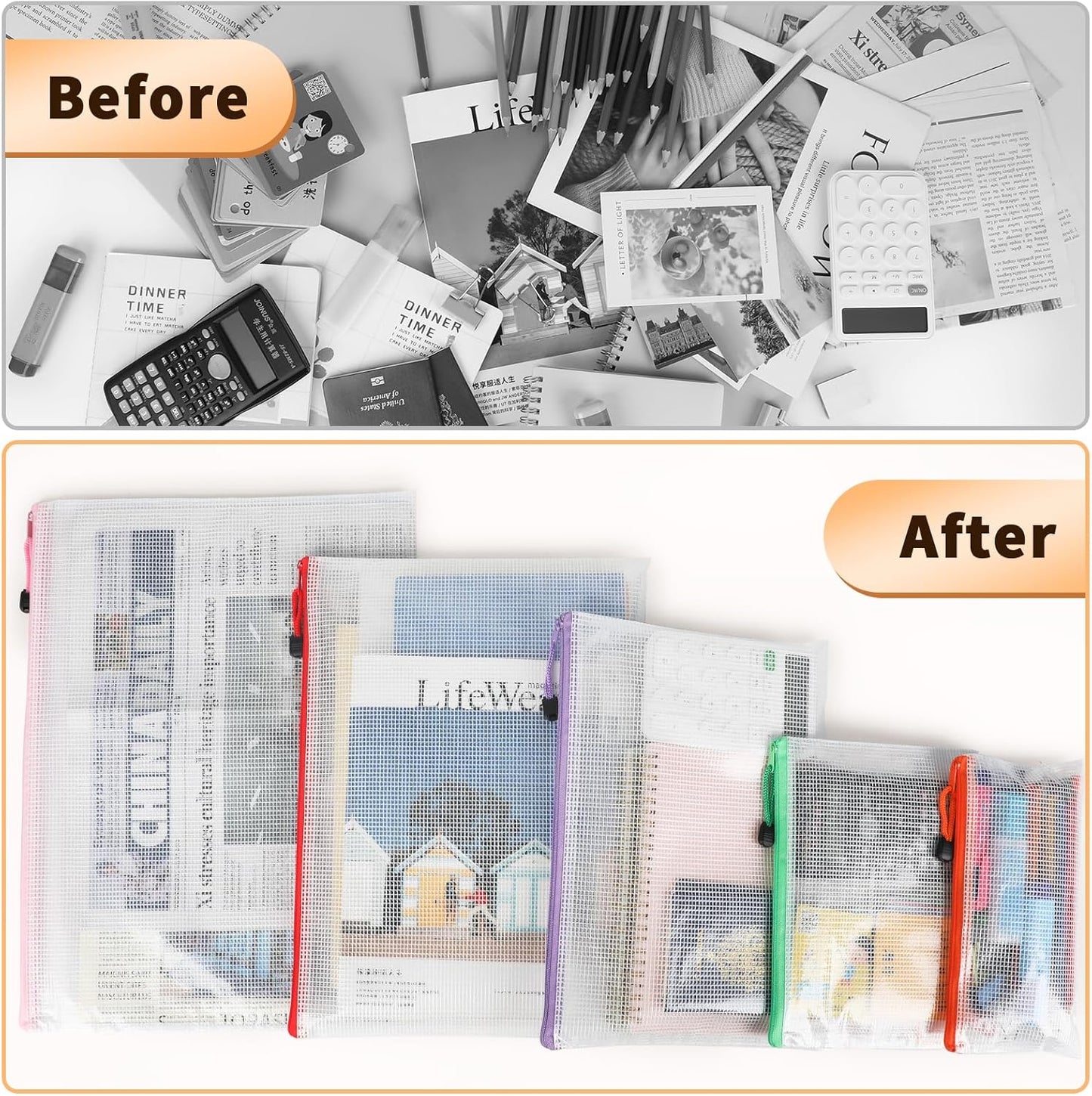 Umriox Zipper Mesh Document Pouch, 6 Assorted Size (6 Colors, 18 Packs), Clear Zipper Pouches, Waterproof Zipper Pouches for Craft Projects Office Supplies Cosmetics Travel Storage