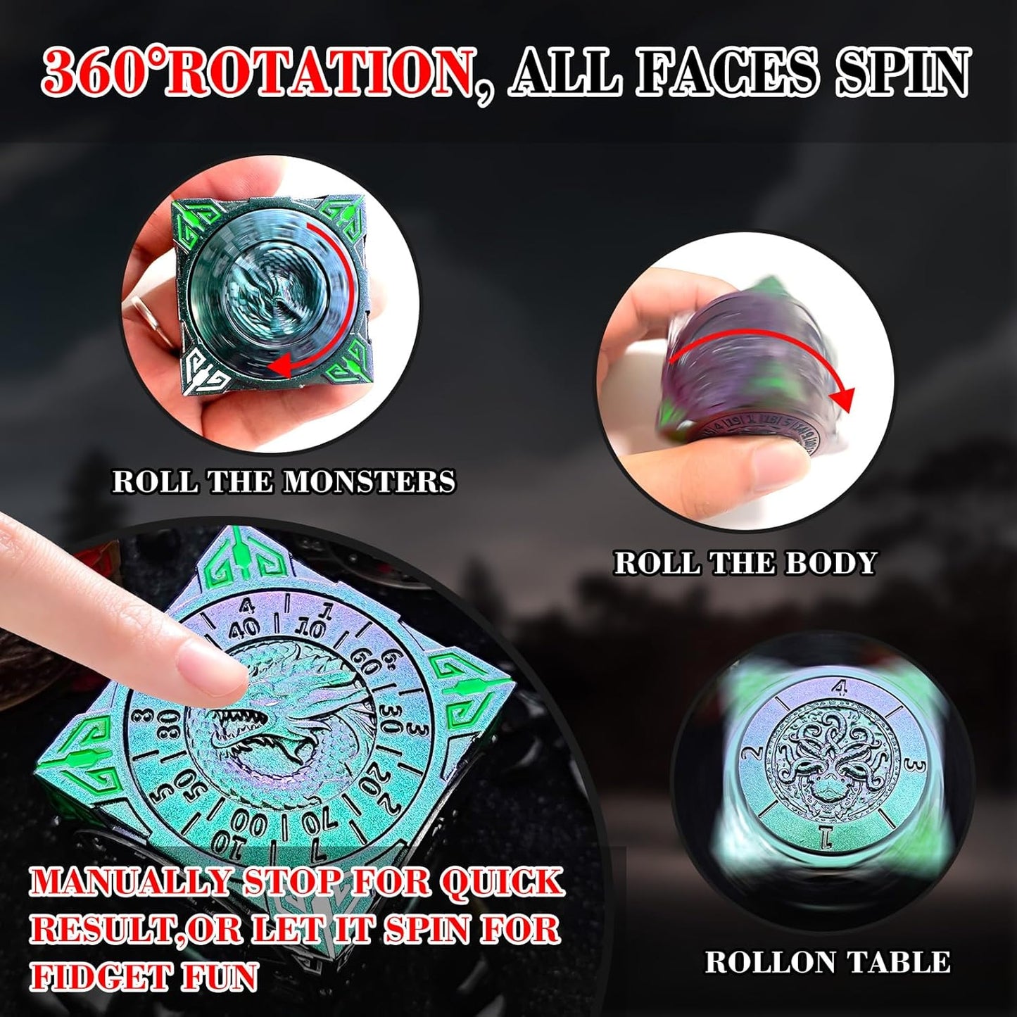 Spinner Dice 7-in-1 Metal DND Set – Premium Copper RPG Dice with 3D Monster Reliefs, Gyro Spinner & Collector’s Box for D&D,Chameleon Purple