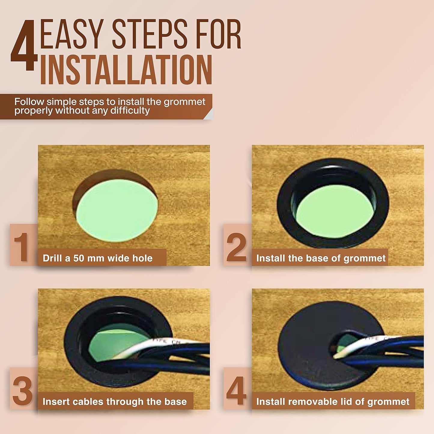 MAHDPRO Desk Grommet 2 Inch (50 mm) Pack of 10 - Black ABS Plastic Desk Cord Hole Cover to Arrange Cables & Wires Through Computer Table/Countertops