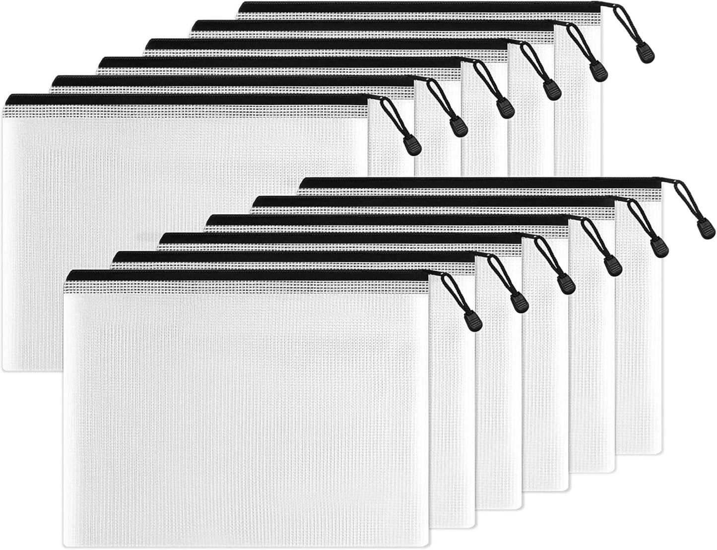 SUNEE Plastic Mesh Zipper Pouch 10x14 in (Black, 12 Packs),Extra Large Water-Resistant Zip Bag for School Office Supplies, Puzzles & Games Organizing Storage