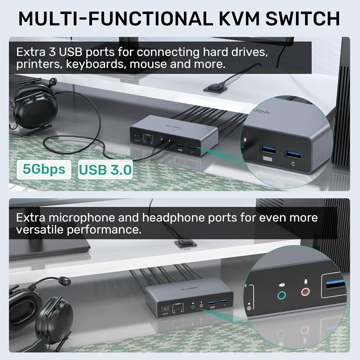 HDMI Displayport KVM Switch, 2 Computers 2 Monitors 4K@60Hz KVM Switcher Dual Monitor for 2 PC, 3 USB 3.0 Ports Support Extended/Mirror Mode with Desktop Controller&2 USB Cables&Power Adapter