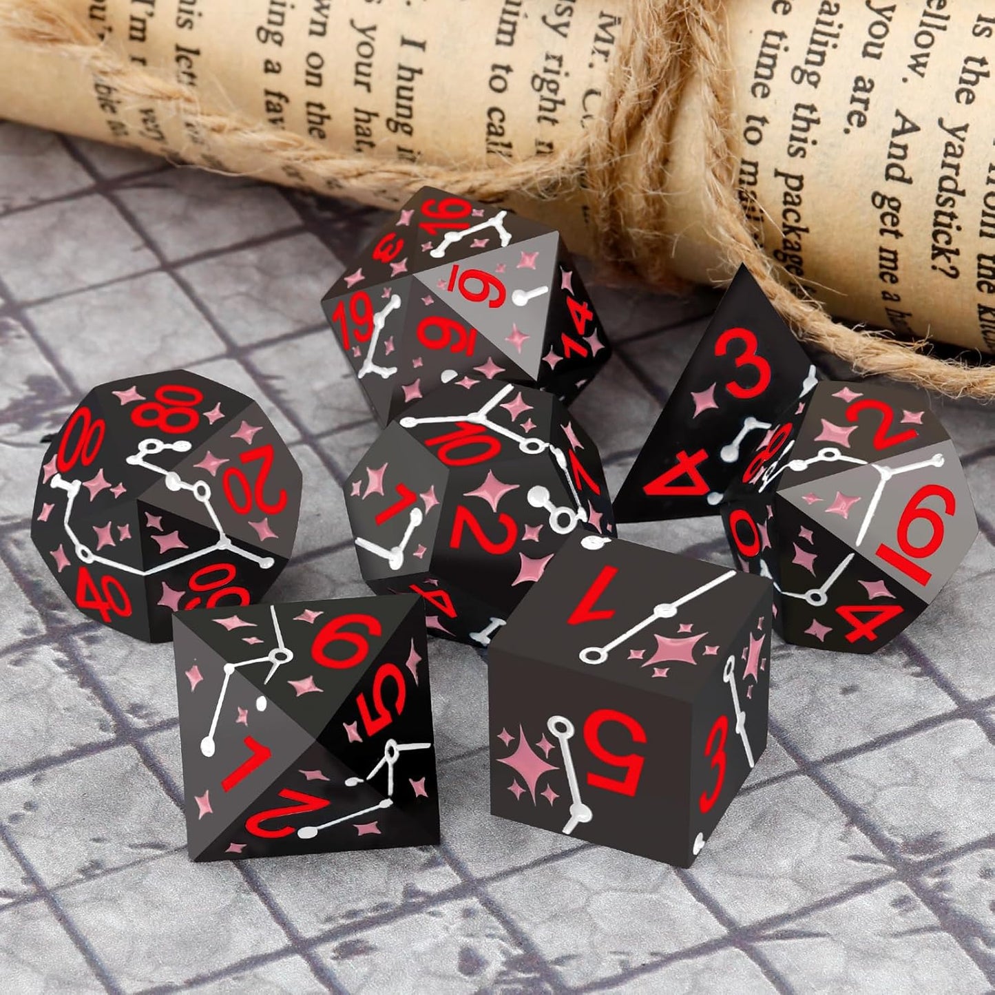 PJOY Metal Dice Set D&D Star Dice Set DND Polyhedral Dice for RPG Role Playing Games Dungeons and Dragons TTRPG Black Red Pink Dice