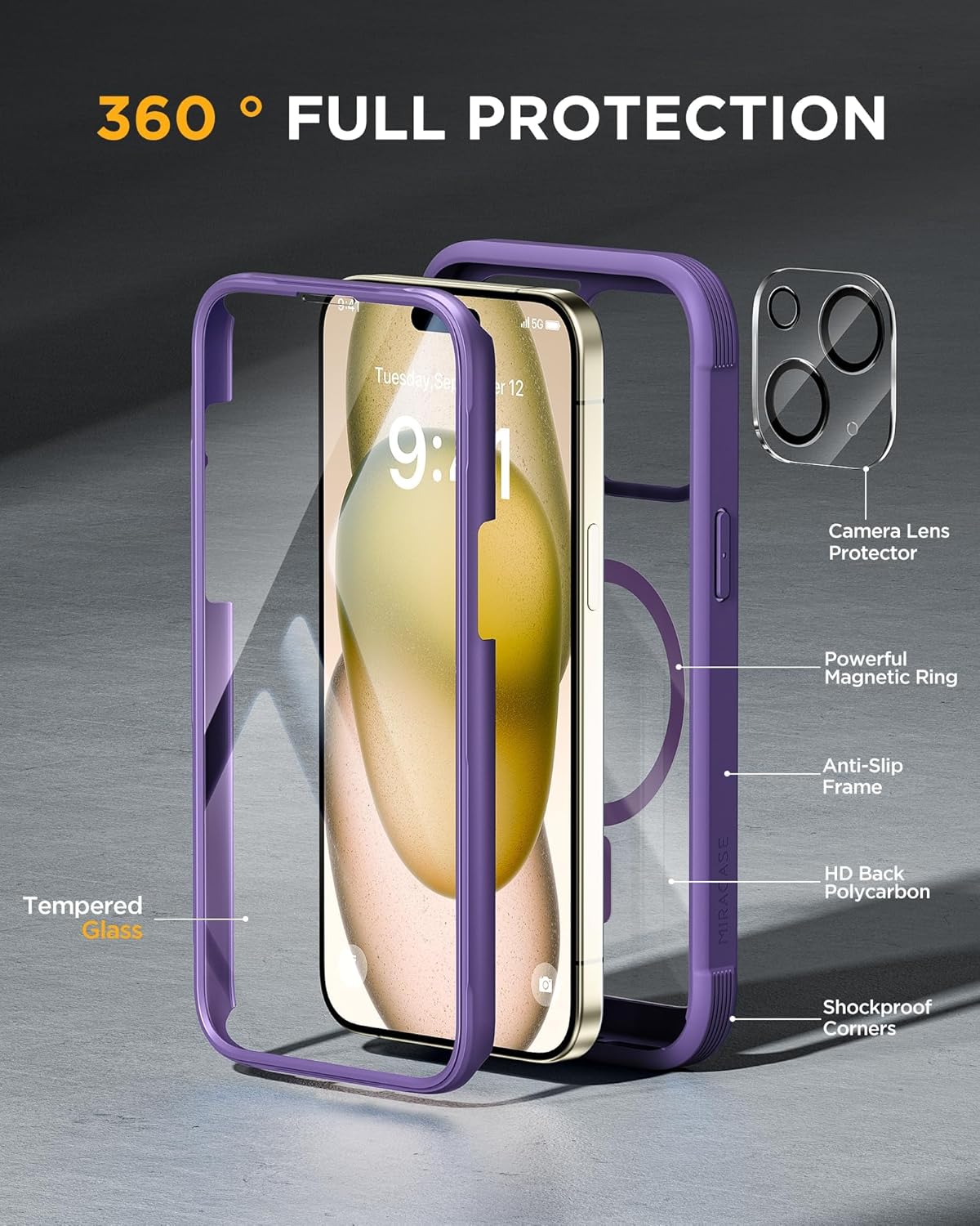Miracase Glass Series for iPhone 15 Case [Compatible with MagSafe] Full-Body Magnetic Case with Built-in 9H Tempered Glass Anti-Fingerprint Screen Protector + Camera Lens Protector, Purple