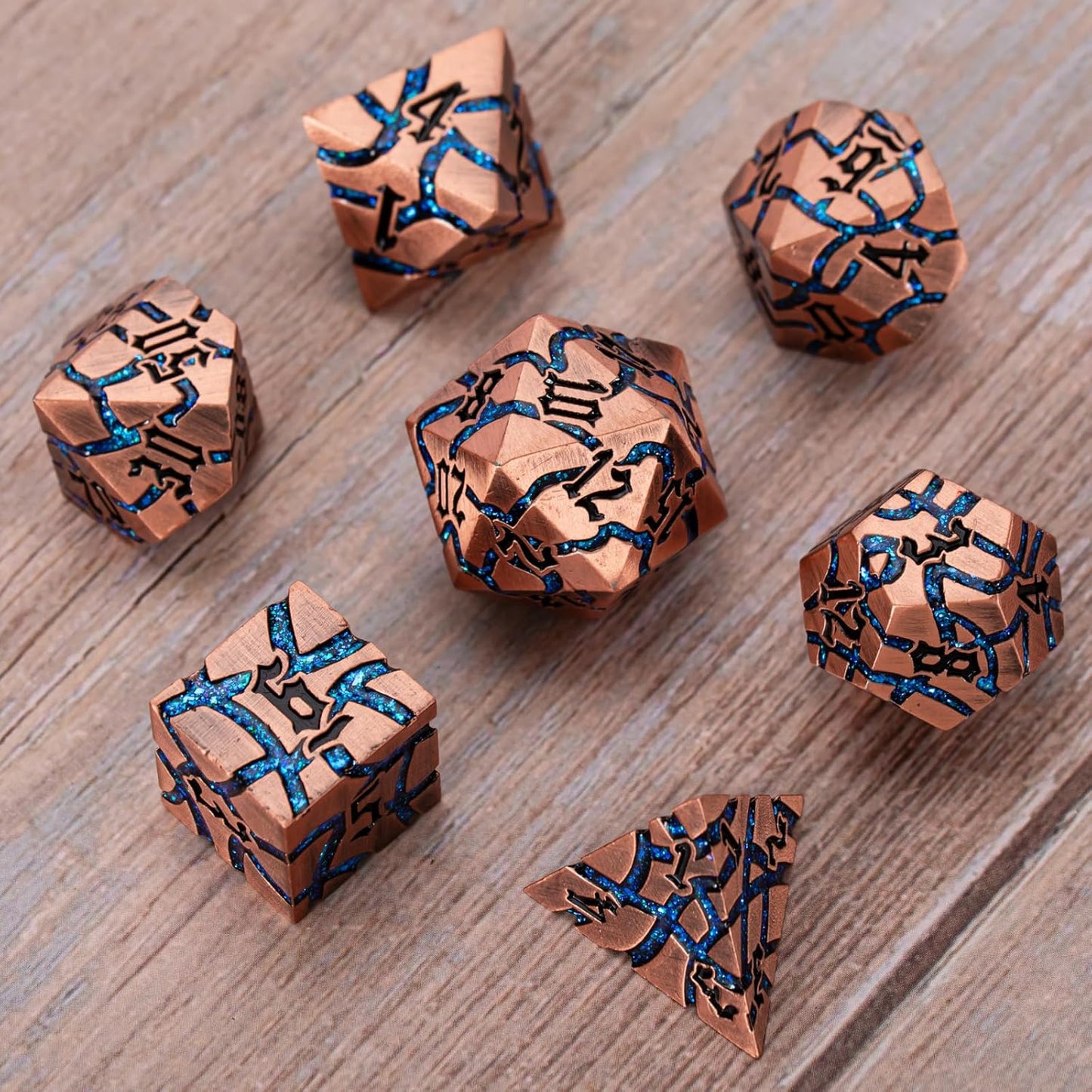 Dice Set D&D Dungeons and Dragons Dice D20 Metal DND Dice Set with Box, Polyhedral Role Playing Dice D12 D10 D% D8 D6 D4 for MTG RPG Board Games(Antique Copper Bright Blue)