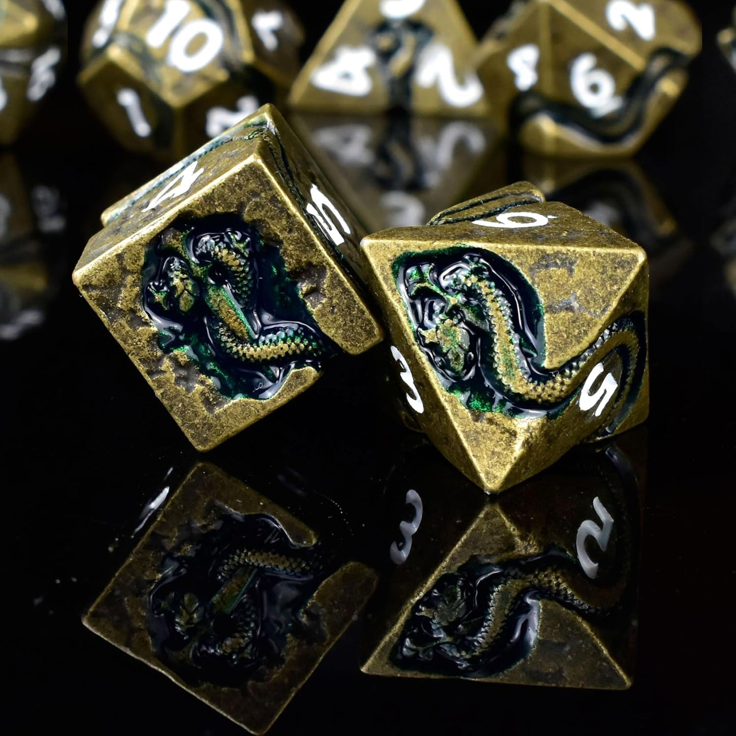 RULE DICE Metal D&D Dice, DND Dice Set, Polyhedral Dice for Dungeons and Dragons RPG Games | 7pc D and D Dice Set with Green Serpent | Gift for TTRPG Players