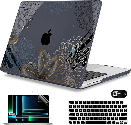 Mektron Case for MacBook Pro 16" M4 A3403 A3186 M3 A2991 M2 A2780 M1 A2485 (2021/2023/2024) Pro/Max with Touch ID, Hard Shell Plastic Laptop Cover Keyboard Cover Screen Protector, Line Chrysanthemums