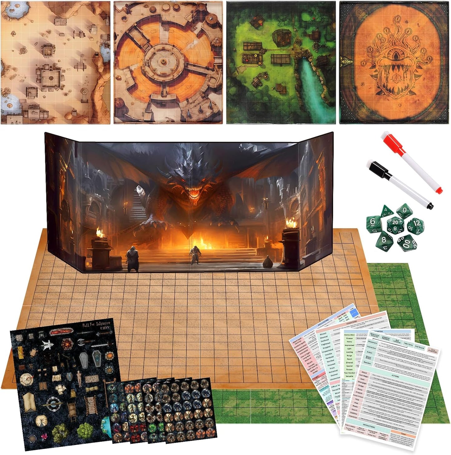 CZYY Foldable Battle Mat with DM Screen, Game Tokens, Dice Set, Markers - 2-Sided Wet & Dry Erase Terrain, Ultimate DND Starter Set, Accessories, Gift for Dungeon Master & Player