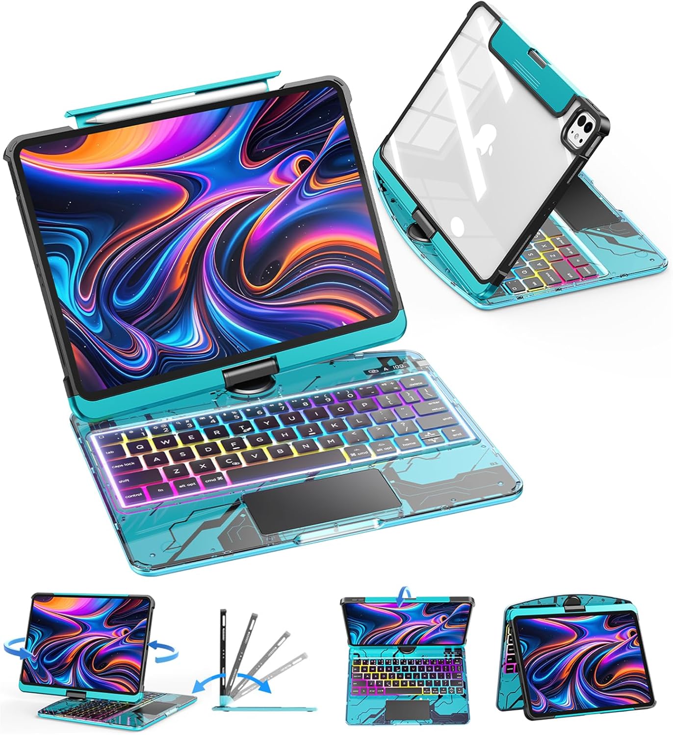 SIBEITU Keyboard Case for iPad Pro 13 Inch (M5 2025 / M4 2024), 360 Rotatable iPad Pro 13 Clear Cover with Multi-Touch Trackpad, 7-Color Backlight & 3 Brightness, High-Tech Visible PCB Design, Blue