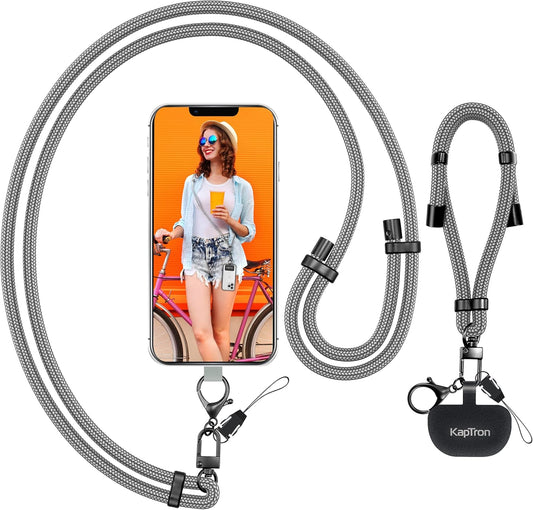 Kaptron Universal Phone Lanyard with Wrist Strap, Adjustable Crossbody Cell Phone Lanyard Neck Strap and Wristlet Strap with 2 Lobster Clips, Phone Tether Patches and Phone Straps (Gray, 2 Pack)