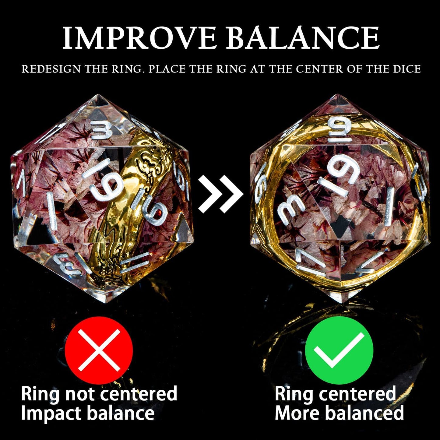 Magic Golden Ring DND Dice Set Sharp Edge Resin Dice with Case, Pink Flower Lord D and D Dice for use with D&D RPG Role Playing Games, Polyhedral Dice Set D20 D12 D10 D8 D6