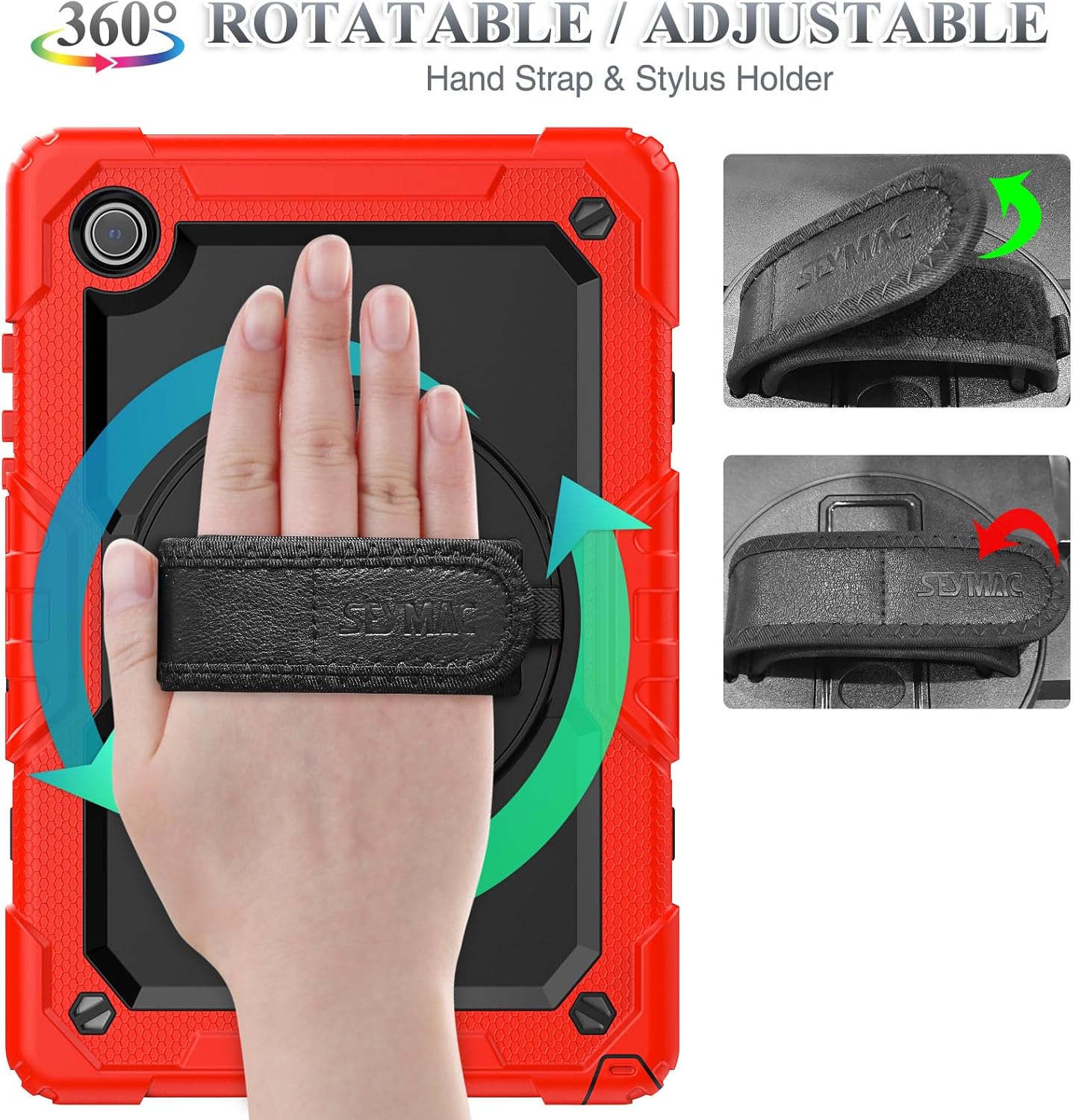 SEYMAC stock Case for Samsung Galaxy Tab A9+ Plus 11'', Full-Body Drop Protection Case with Screen Protector Pencil Holder [360° Rotating Hand Strap] &Stand, Red+Black