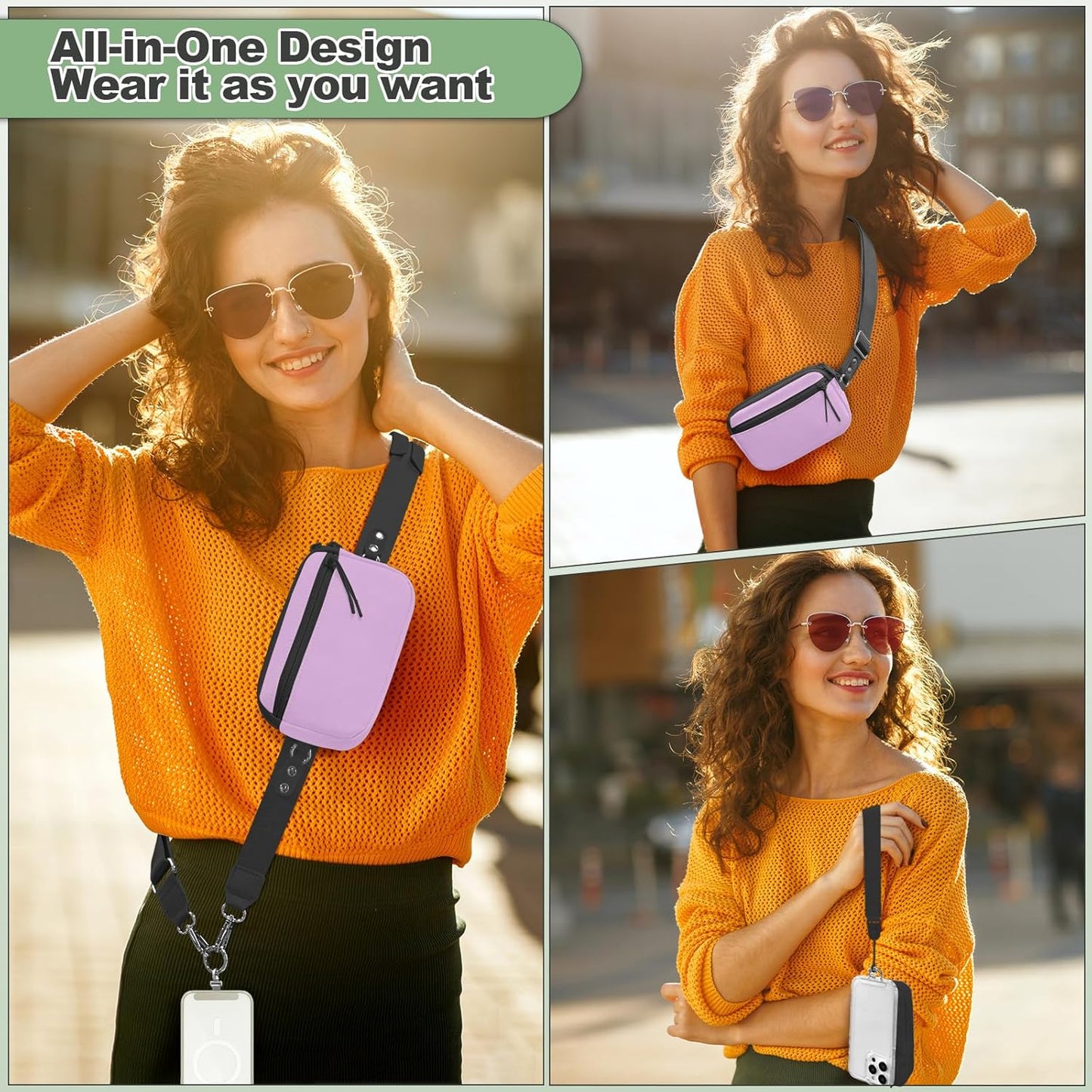 Clip and Go Strap for Phone with Wallet Crossbody, Adjustable Phone Lanyard with Detachable RFID Wristlet Wallet & Ultra-Thin 360° Rotatable Metal Tabs for All Smartphones (Purple)