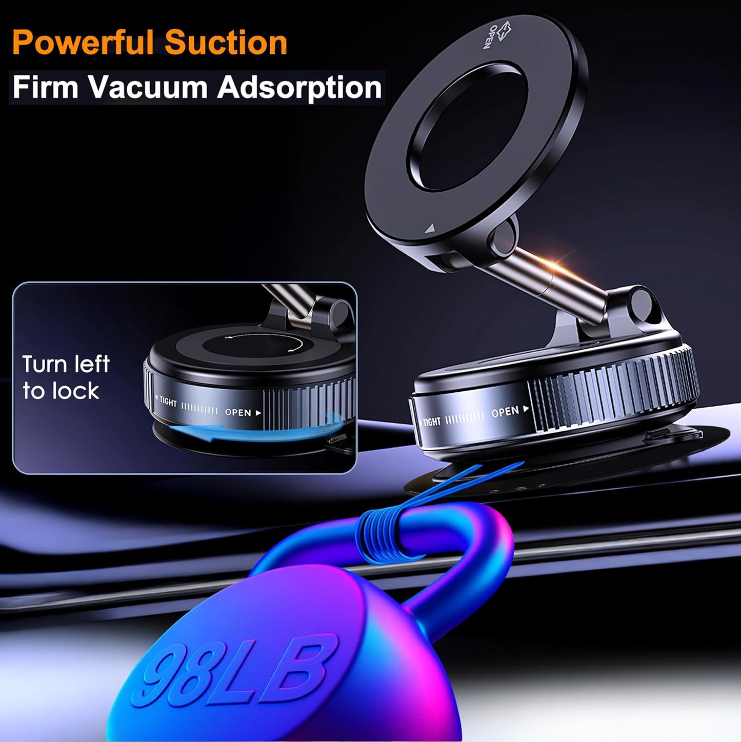 Vacuum Magnetic Car Phone Holder Foldable Mount with Ultra Suction Cup for Magnetic Phone Cases Cell Phone Holders for Car/Gym/Mirror Use Compatible with iPhone & Android