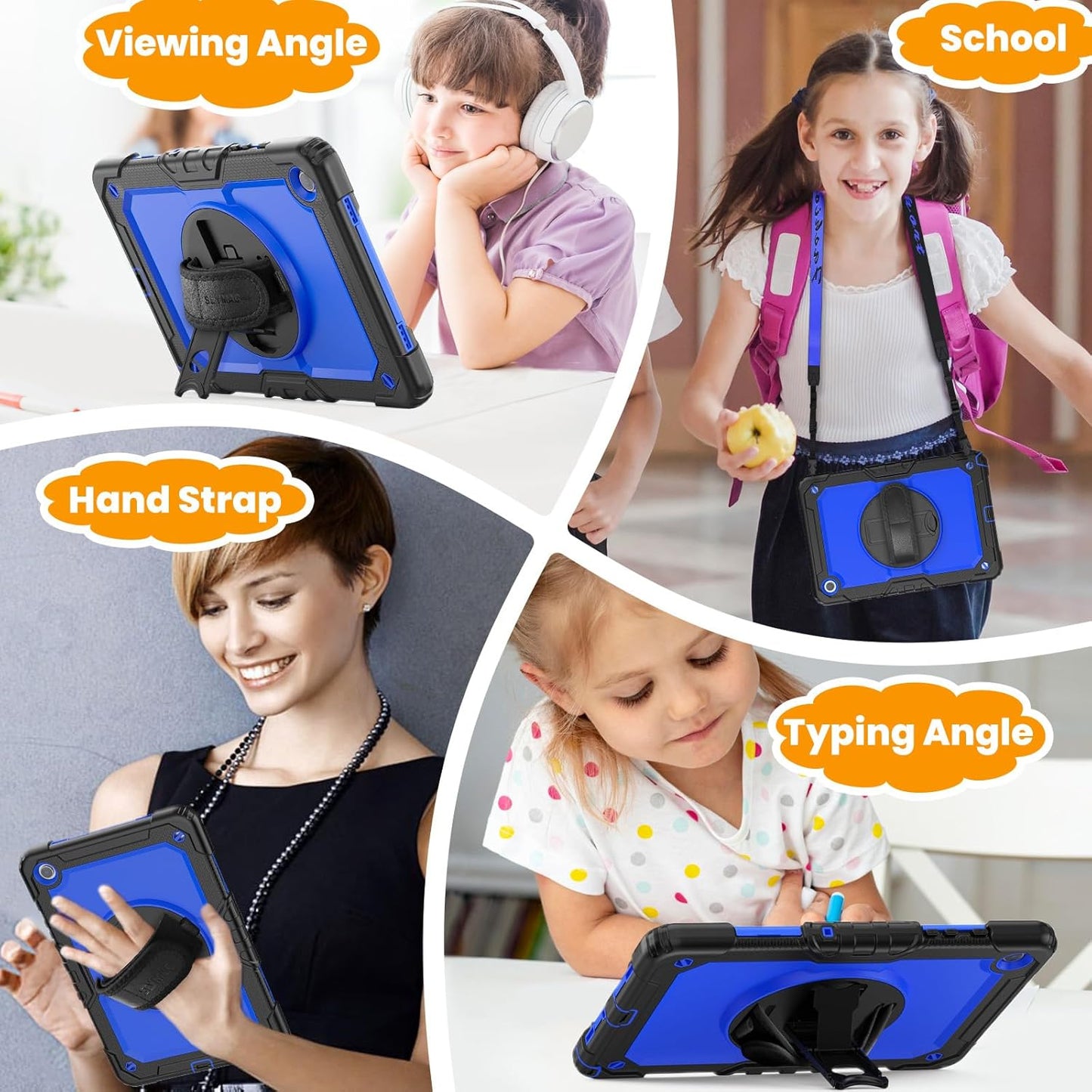 SEYMAC stock Case for Samsung Galaxy Tab A8 10.5'', Full-Body Drop Protection Case with Screen Protector Pencil Holder [360° Rotating Hand Strap] &Stand, Blue+Black