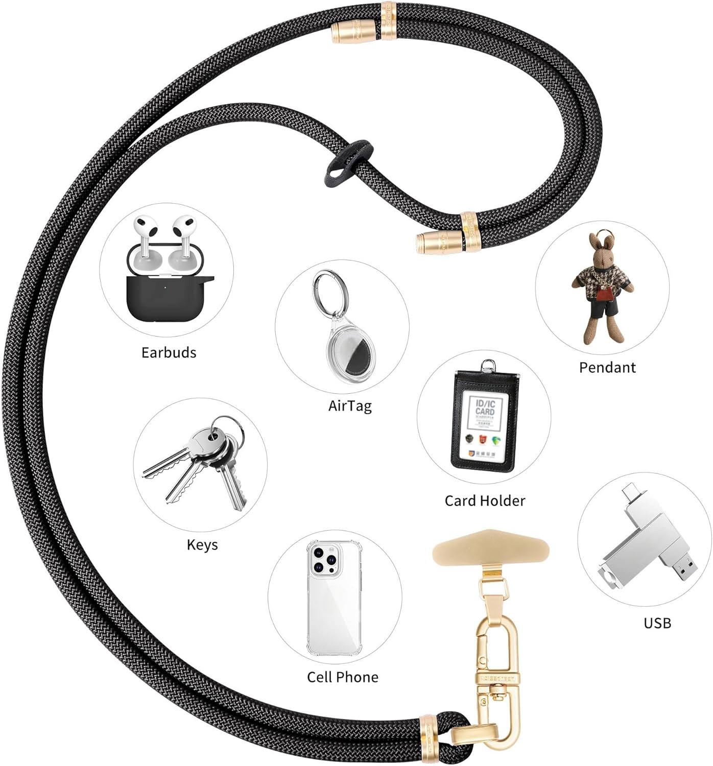 Adjustable Anti-Theft Phone Lanyard -Rope Neck & Crossbody Strap with Secure Locking Metal Clip for Smartphones (Black)