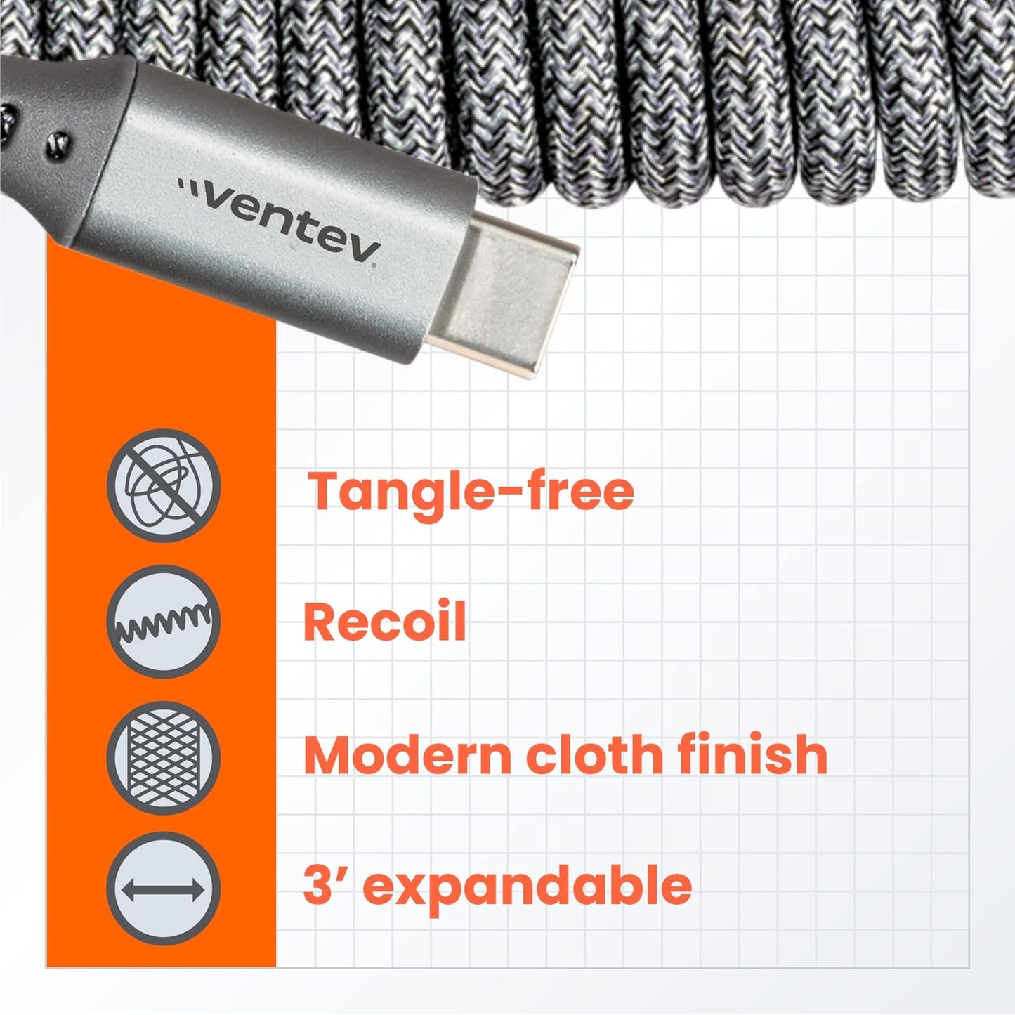 Ventev Helix 3ft Expandable USB C to USB C Cable | Fast Charging Cable for iPhone 16/16 Pro/15, MacBook, iPad Pro, Pixel 9, Samsung S25 | No Tangle Cord for Fast Charger, Crafted for The Car, Gray