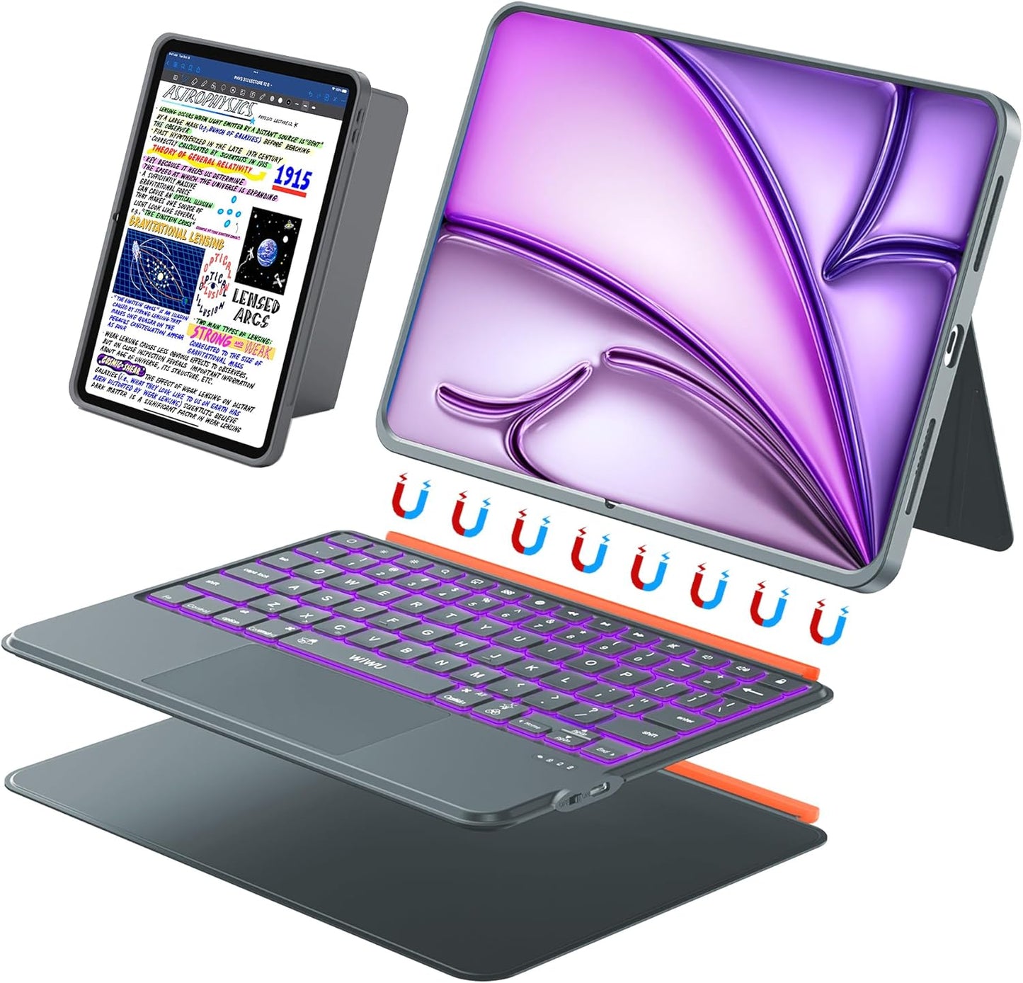 WIWU Keyboard Case for iPad Air 13 Inch 3 in 1 Magnetic Detachable Keyboard Case Adjustable Stand 7 Colours Backlit Keys with Trackpad (Grey, for Air 13"(M3/M2) Pro 12.9" 6/5/4/3)