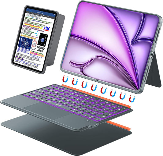 WIWU Keyboard Case for iPad Air 13 Inch 3 in 1 Magnetic Detachable Keyboard Case Adjustable Stand 7 Colours Backlit Keys with Trackpad (Grey, for Air 13"(M3/M2) Pro 12.9" 6/5/4/3)