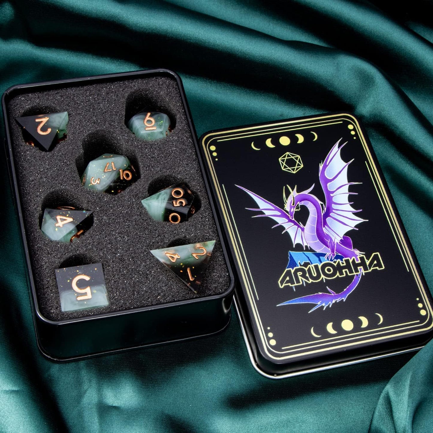 ARUOHHA Sharp Edges Dice Set DND Handmade Resin Dice with Gift Box, 7 Pcs Glitter Inclusions Polyhedral Dice RPG Role Playing Games D and D Dice with Box