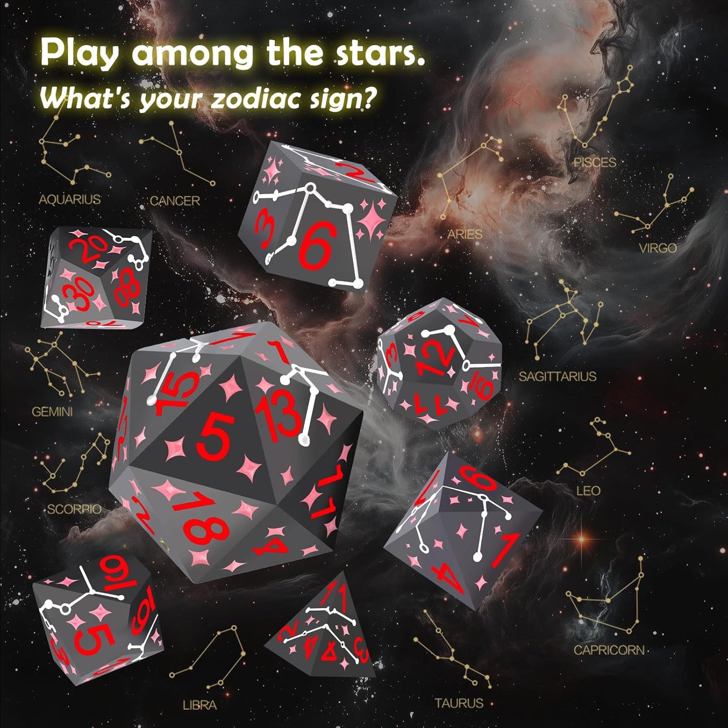 PJOY Metal Dice Set D&D Star Dice Set DND Polyhedral Dice for RPG Role Playing Games Dungeons and Dragons TTRPG Black Red Pink Dice