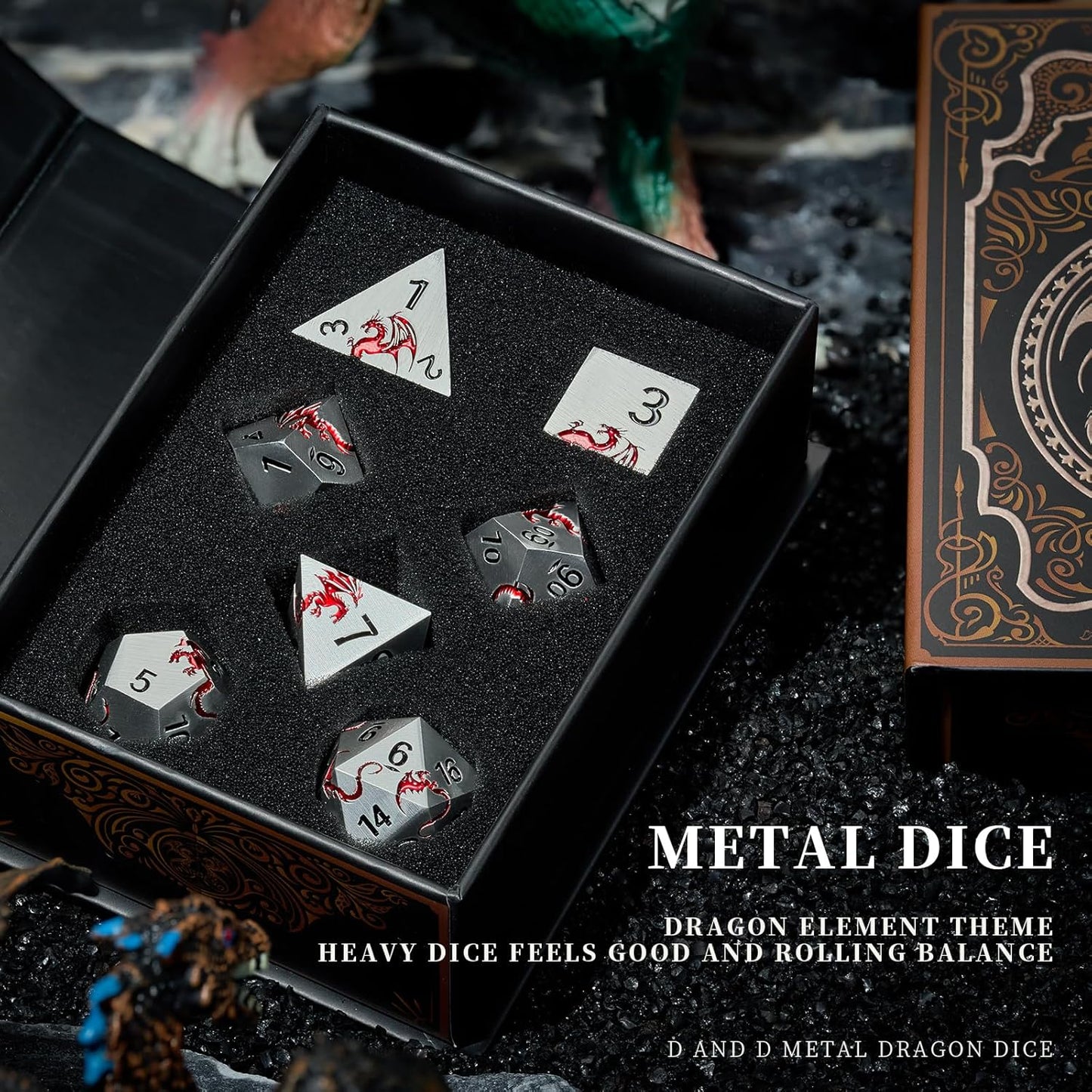 Metal Dice Set D&D, HNCCESG Polyhedral Dice 7 Piece Dice Dragon Metallic DND Dice Set for Dungeons and Dragon RPG Tabletop Game(Matte Silver Red Dragon)