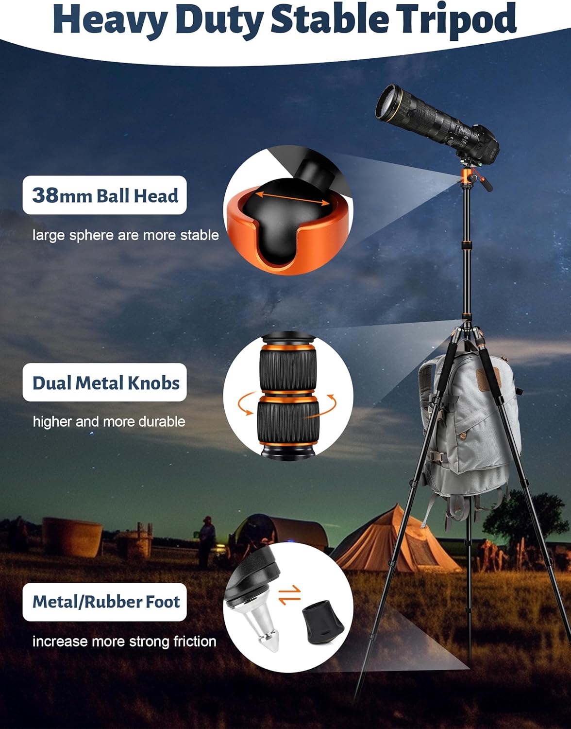 Camera Tripod, 81" Heavy Duty Aluminum Tripod for DSLR/Camera/Smartphone - with Handle, Converts to Monopod, Holds 35lbs