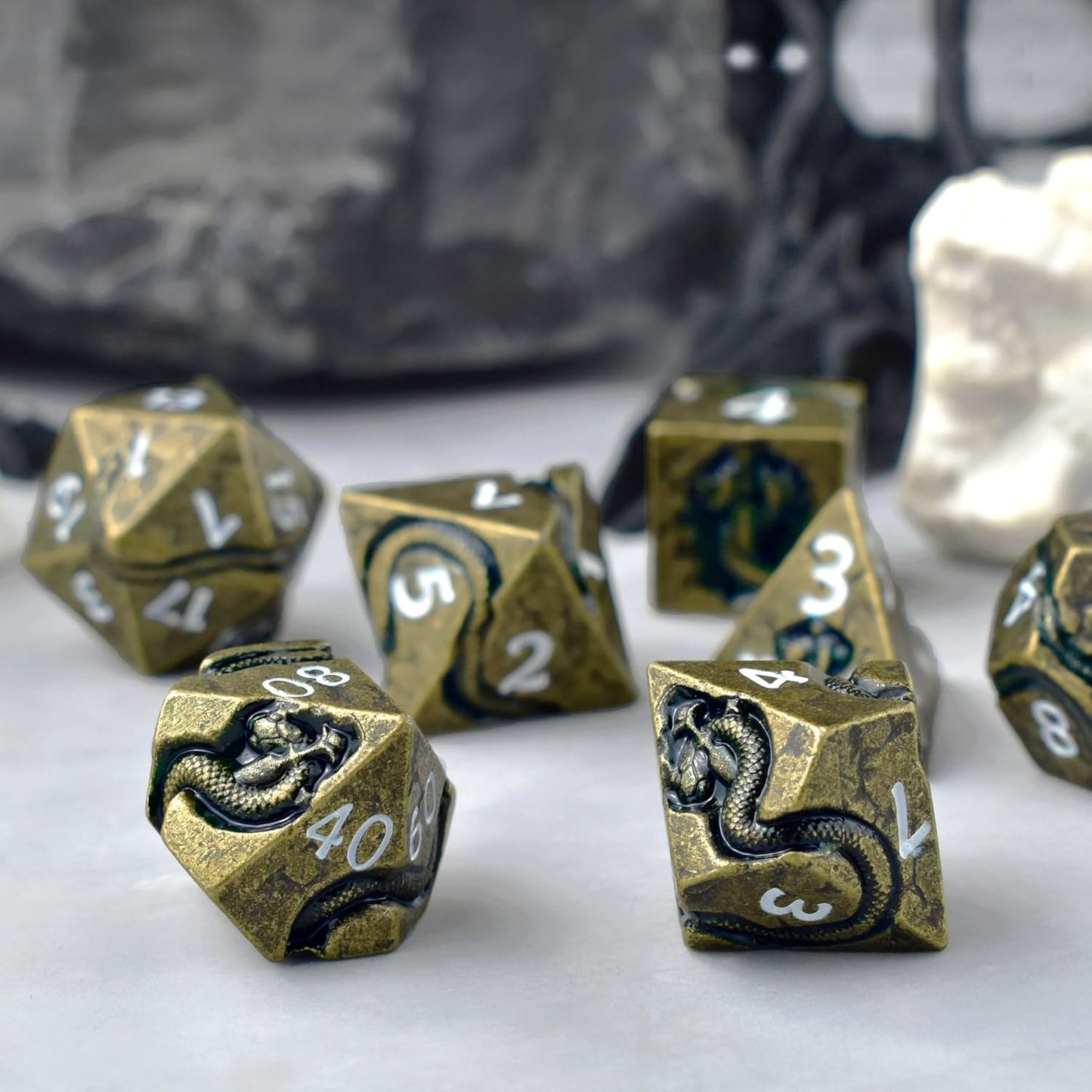RULE DICE Metal D&D Dice, DND Dice Set, Polyhedral Dice for Dungeons and Dragons RPG Games | 7pc D and D Dice Set with Green Serpent | Gift for TTRPG Players
