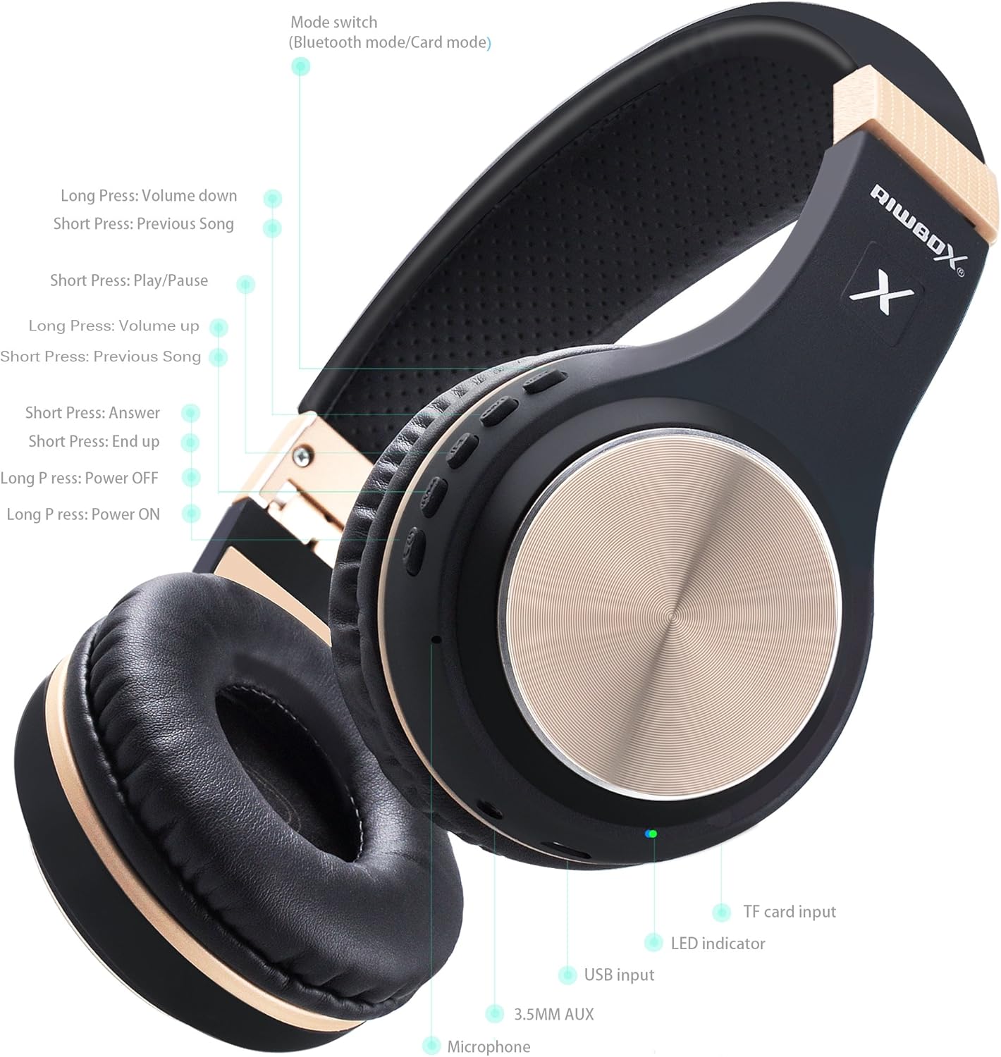 Riwbox Bluetooth Headphones, XBT-80 Folding Stereo Wireless Bluetooth Headphones Over Ear with Microphone and Volume Control, Wireless and Wired Headset for PC/Cell Phones/TV/iPad (Black Gold)