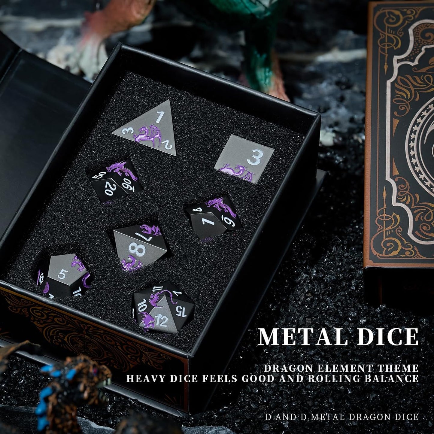 Metal Dice Set D&D, HNCCESG Polyhedral Dice 7 Piece Dice Dragon Metallic DND Dice Set for Dungeons and Dragon RPG Tabletop Game(Black Purple Dragon)